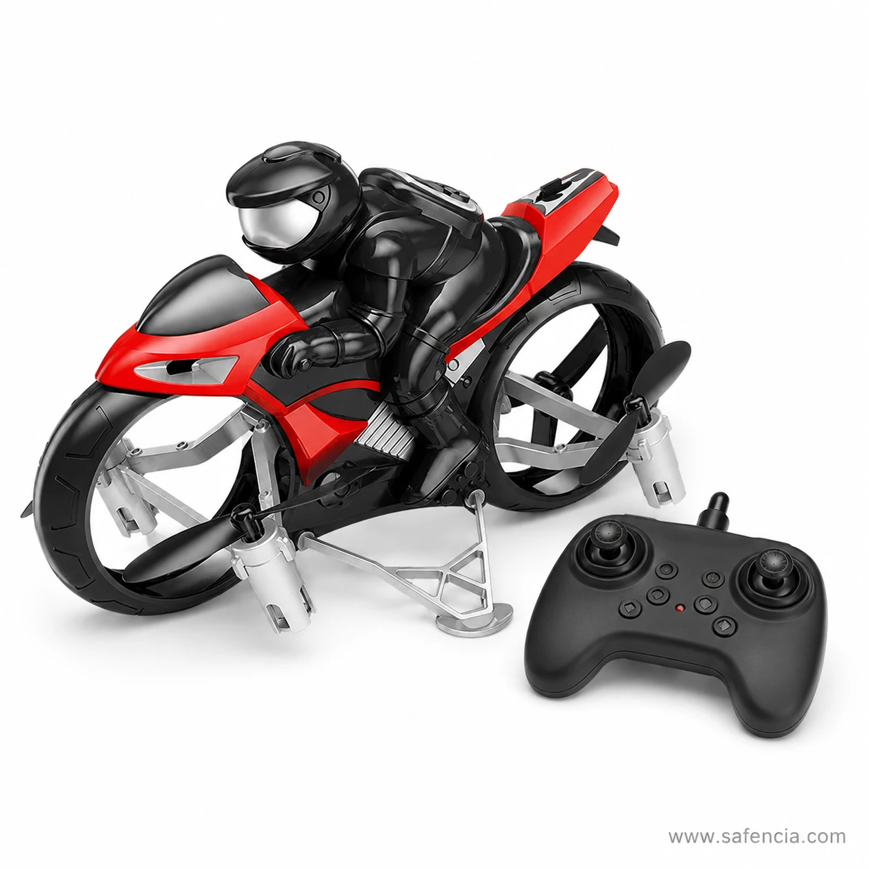 Red RC flying motorcycle with rider and propeller arms deployed beside its gamepad controller