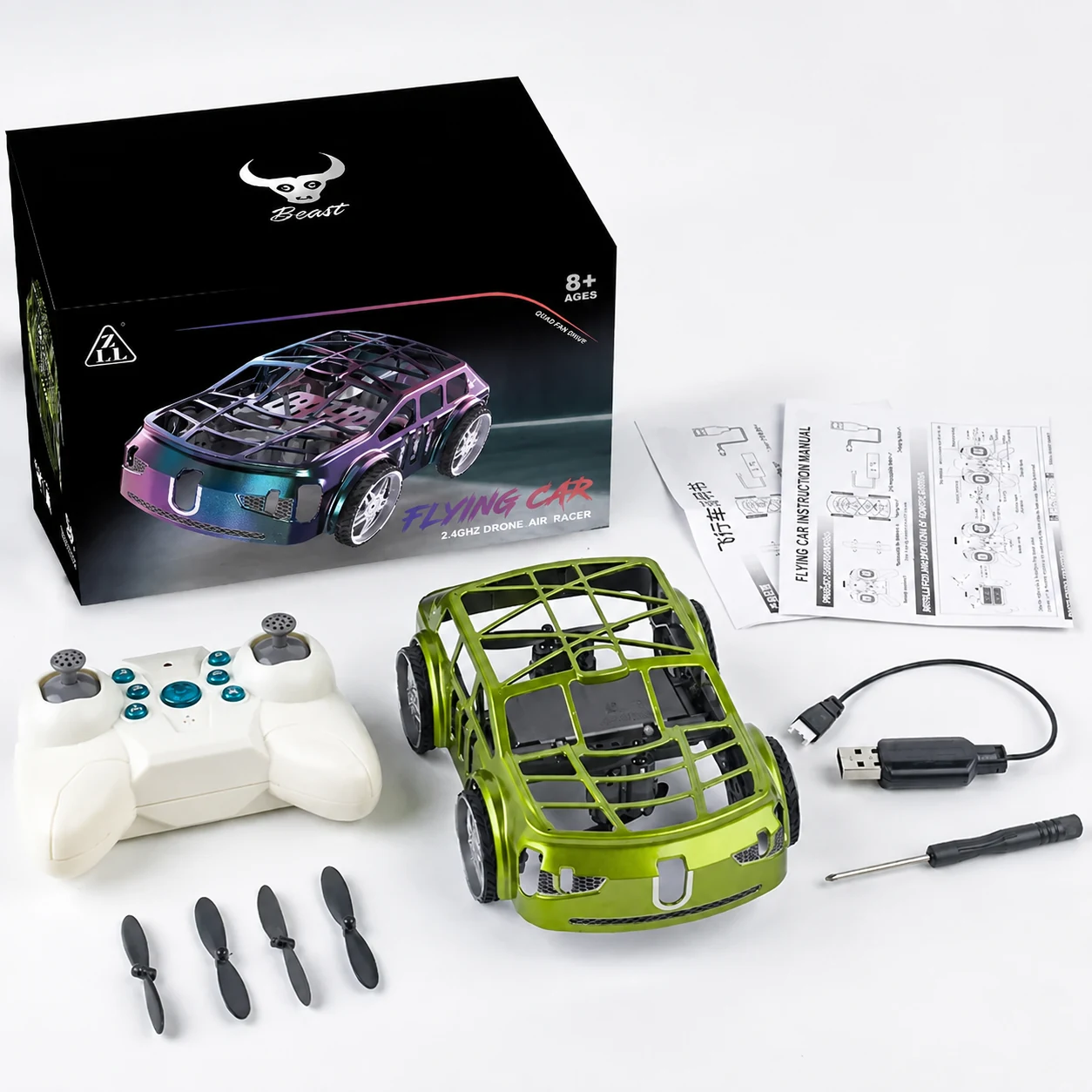 RC Flying Car with Lights box contents with 2.4G remote, spare propellers and USB charger