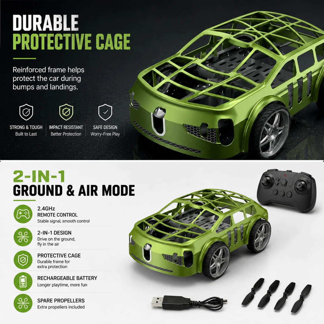 RC Flying Car with Lights 2-in-1 ground and air mode feature graphic