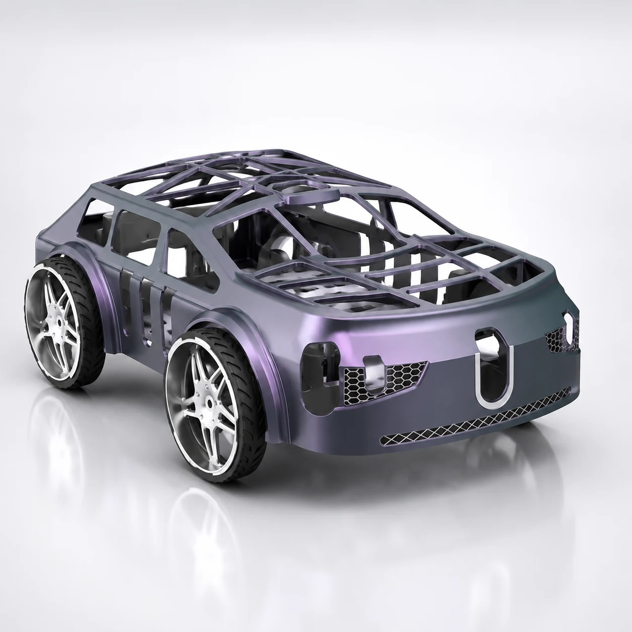RC Flying Car with Lights purple front view with protective cage
