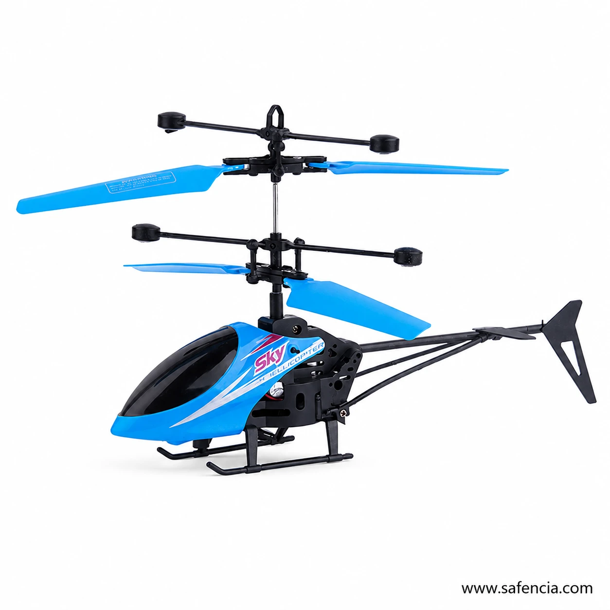 Blue palm sensor flying helicopter side view showing twin blue rotor blades and landing skids