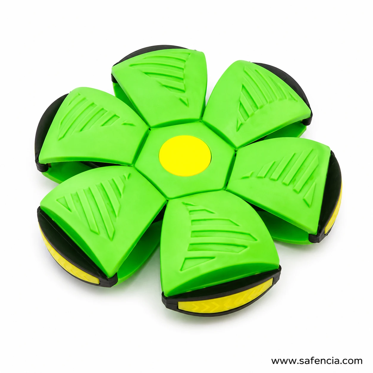 Green flying throw disc ball toy with the soft PVC petals opened out flat