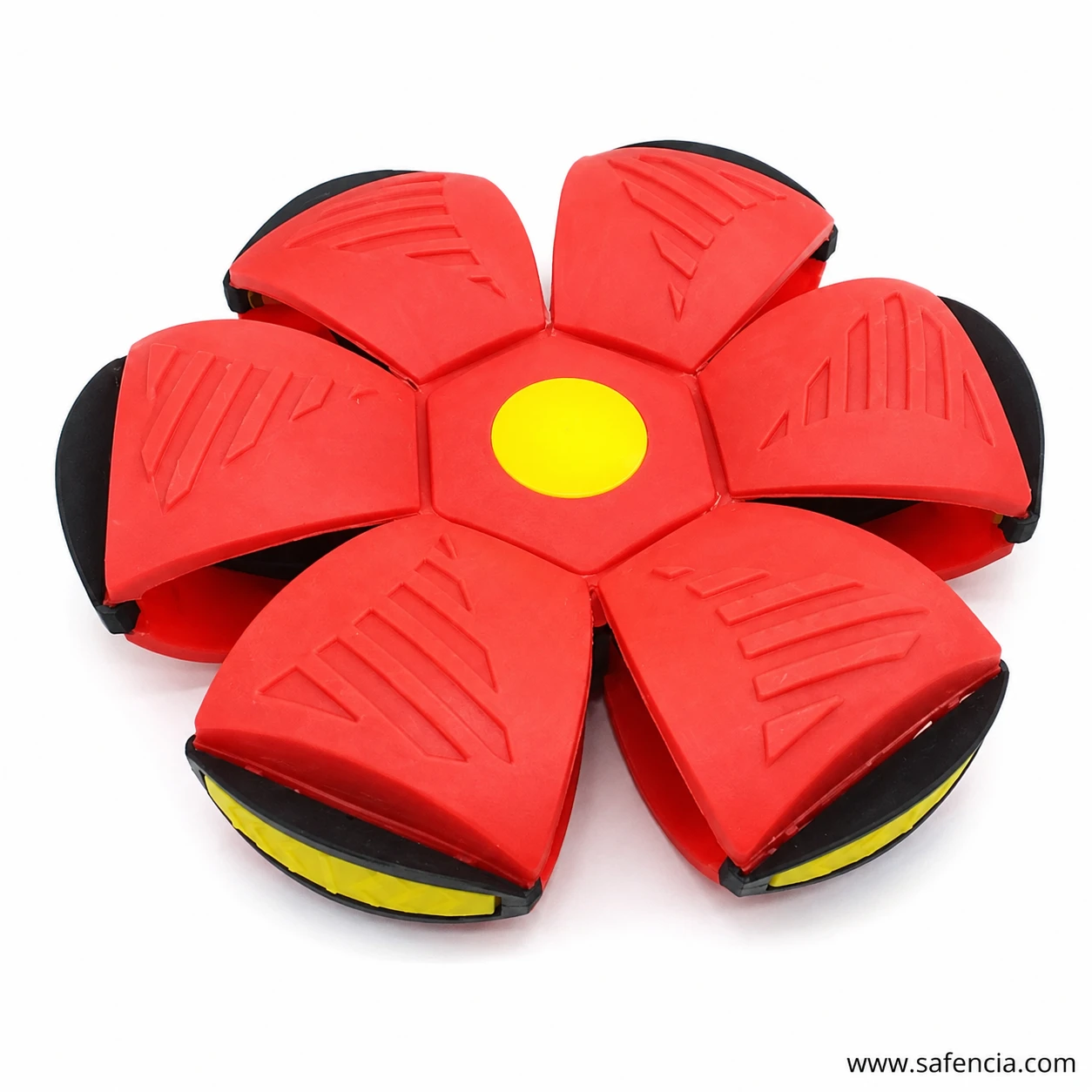 Flying throw disc ball toy squeezed flat into the red six-petal throwing disc shape