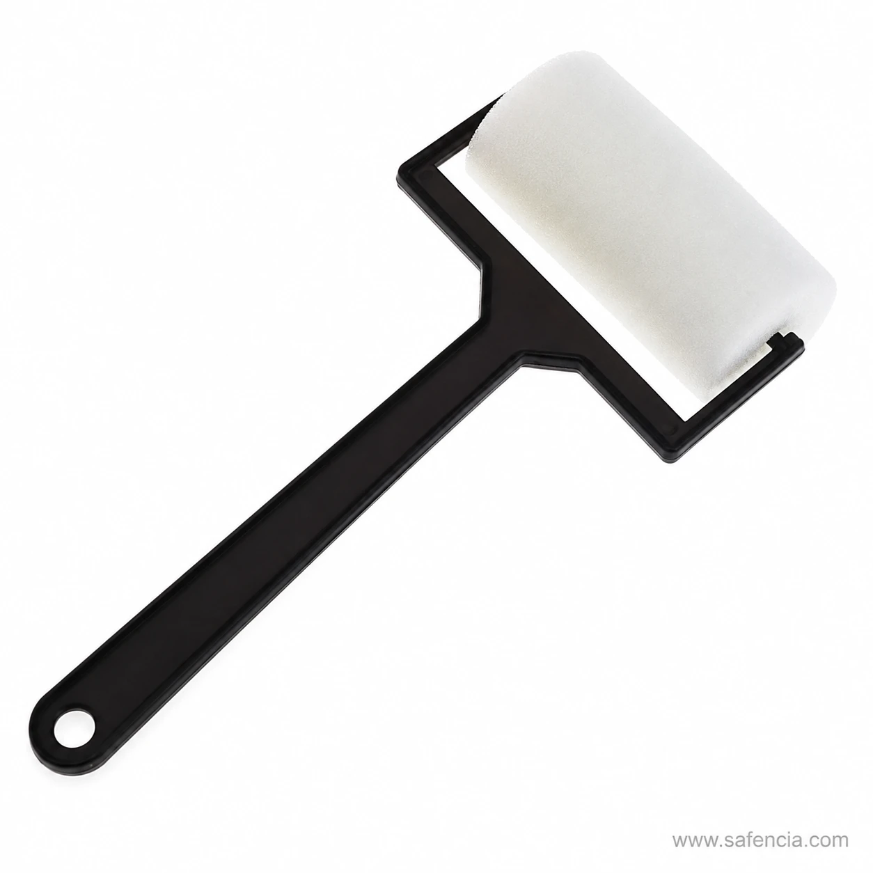 Close view of a single foam roller head and black plastic handle
