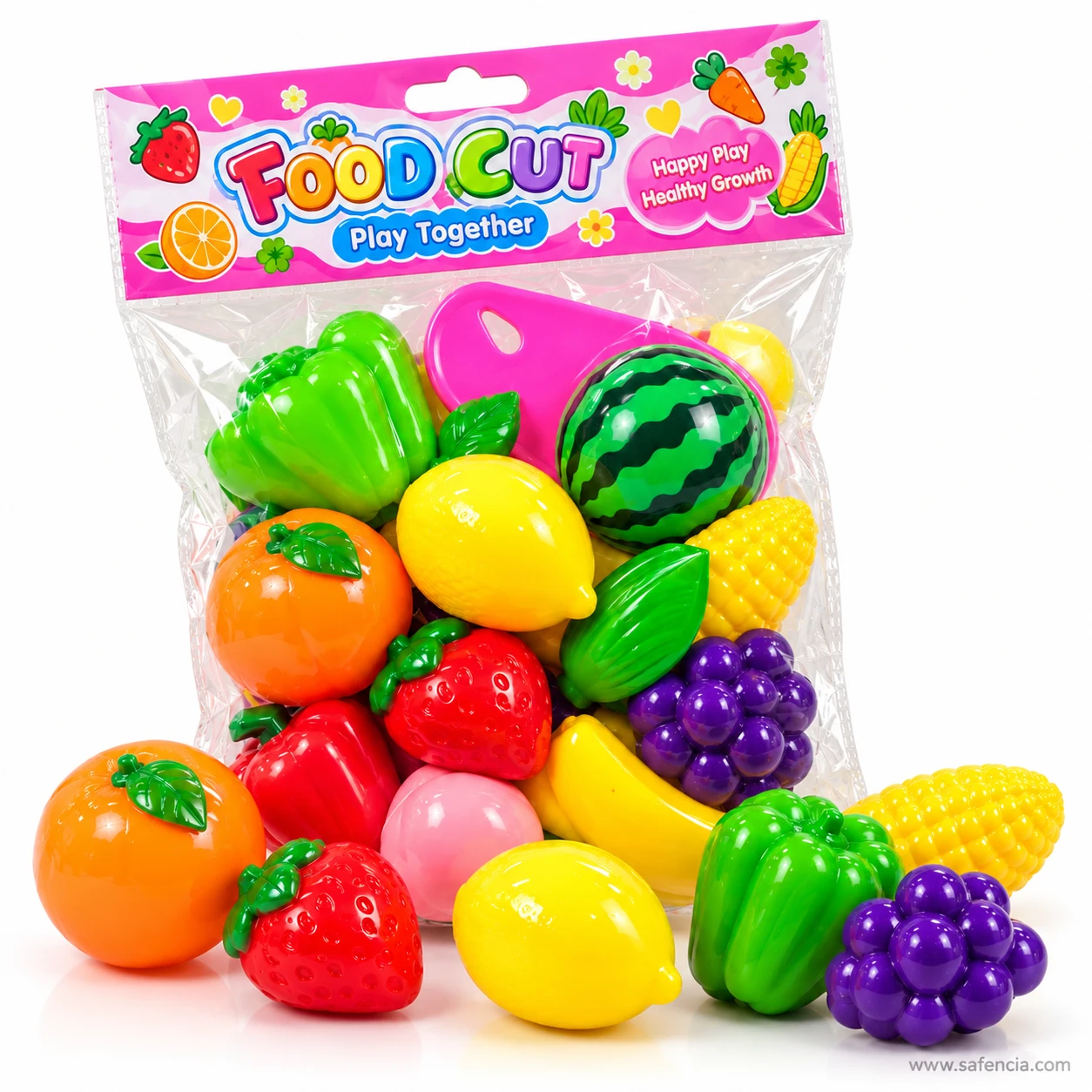 Food Cut bag with an orange, strawberry, lemon, peppers, corn and grapes arranged in front of it