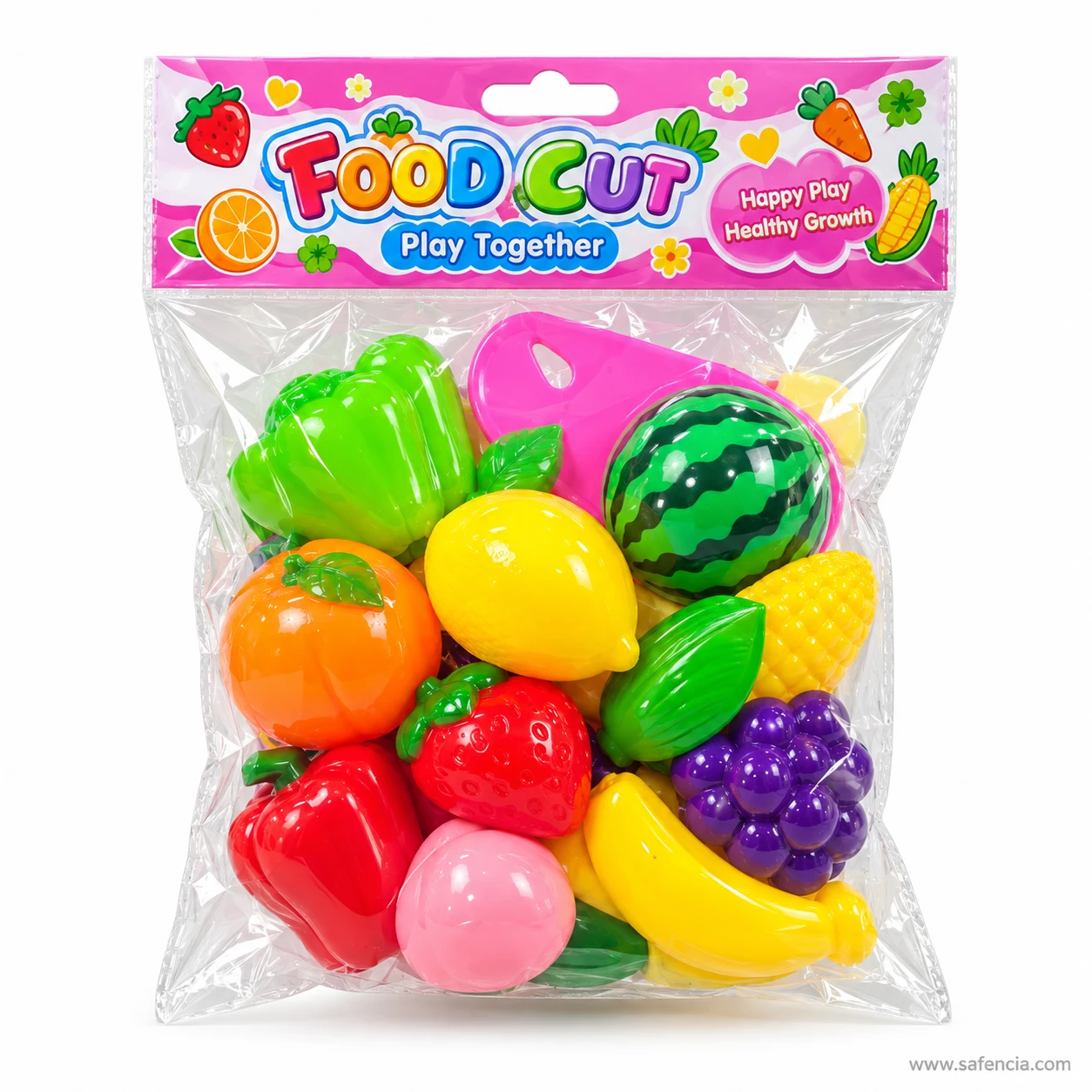 Front of the pink Food Cut bag reading Play Together, filled with play fruit, peppers and a pink chopping board