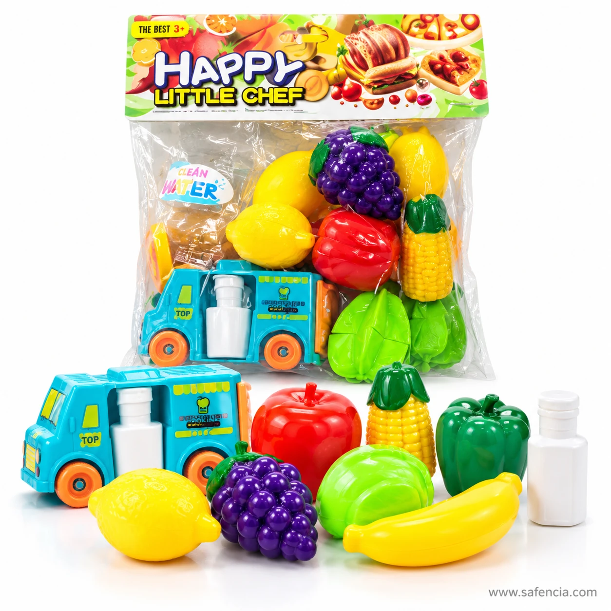 Toy food truck with lemon, grapes, corn, cabbage, banana and green pepper lined up for a pretend delivery