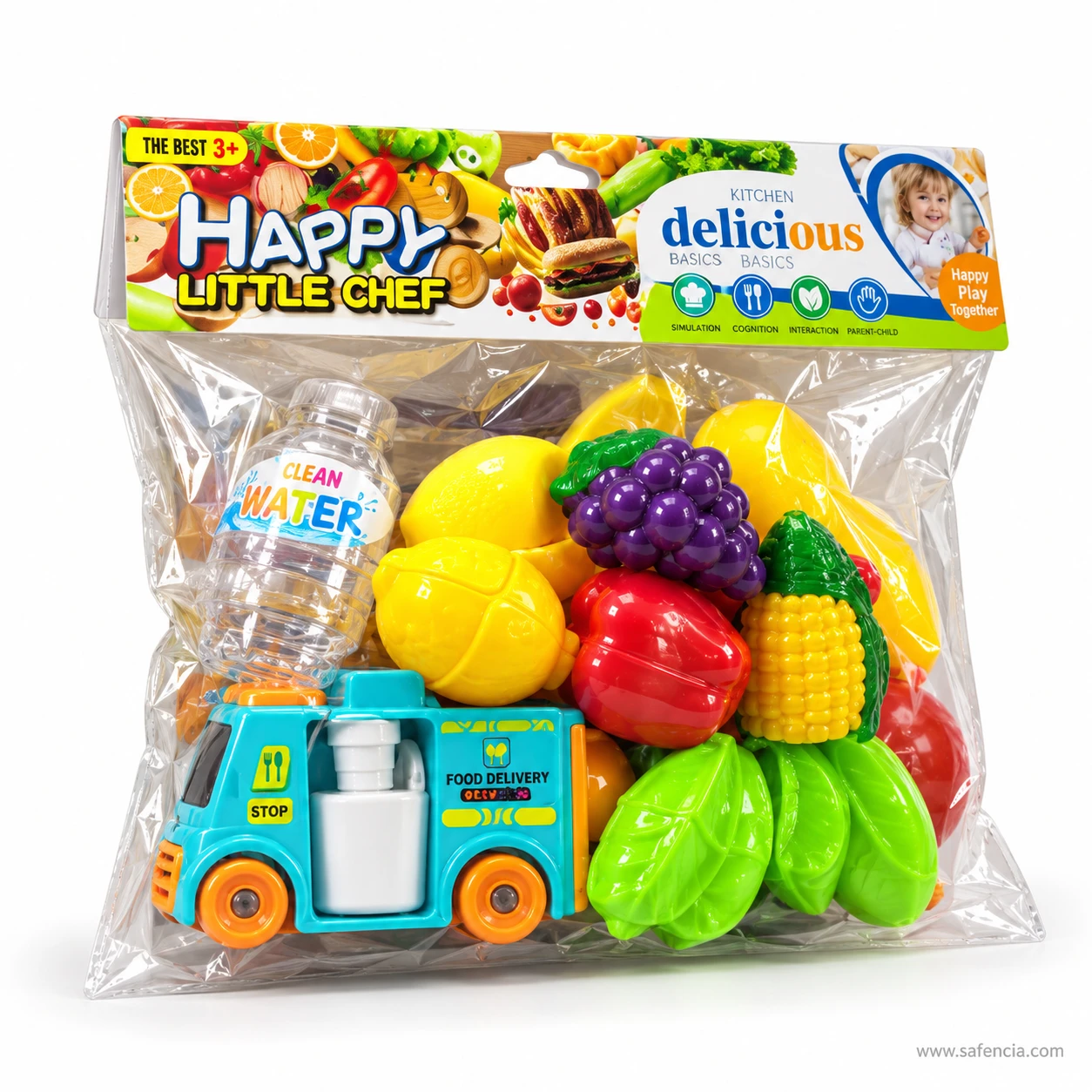 Happy Little Chef food truck cutting set bag at an angle showing the truck, lemon, grapes and corn inside