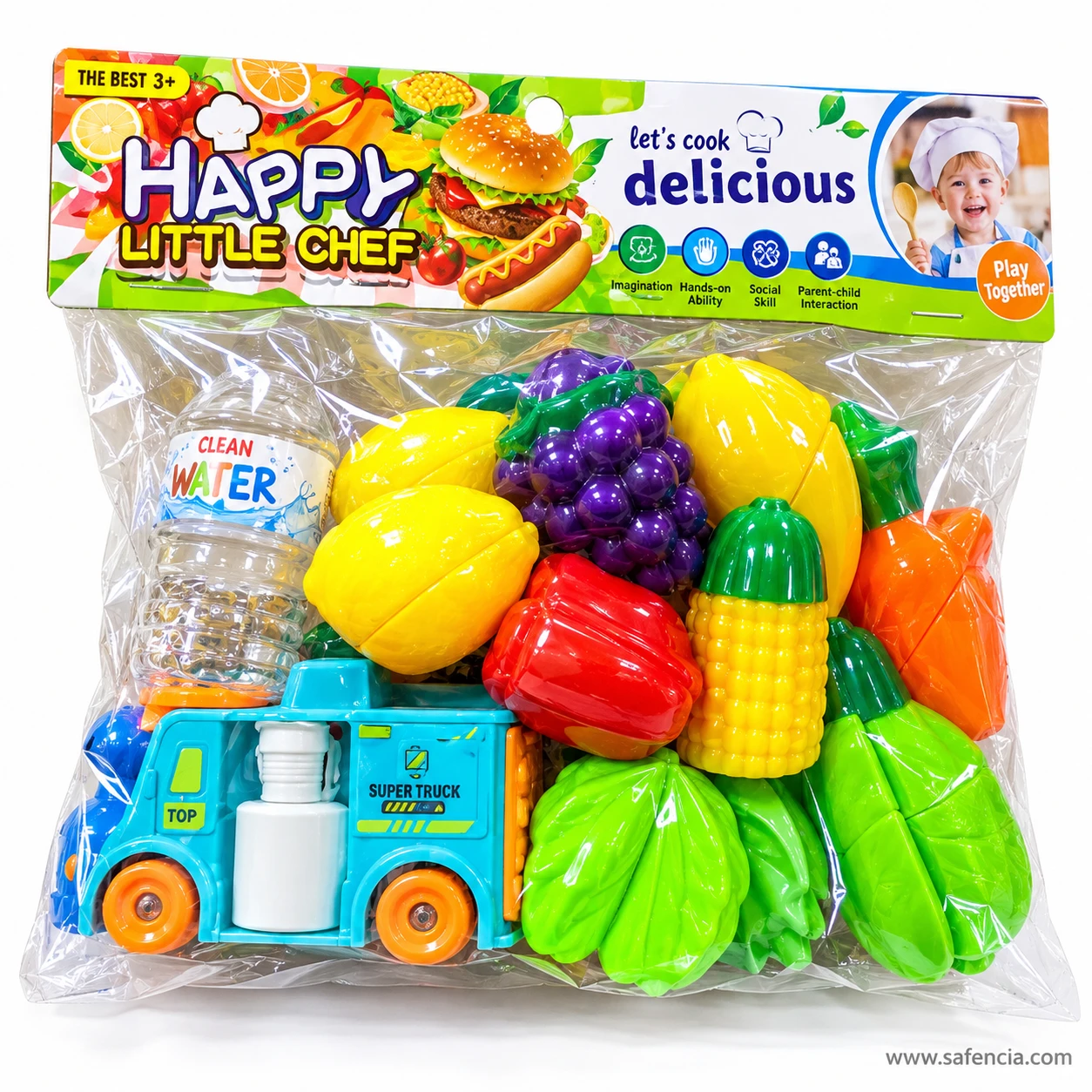 Close-up of the food truck cutting set bag showing the toy water bottle, truck, grapes, corn and cabbage