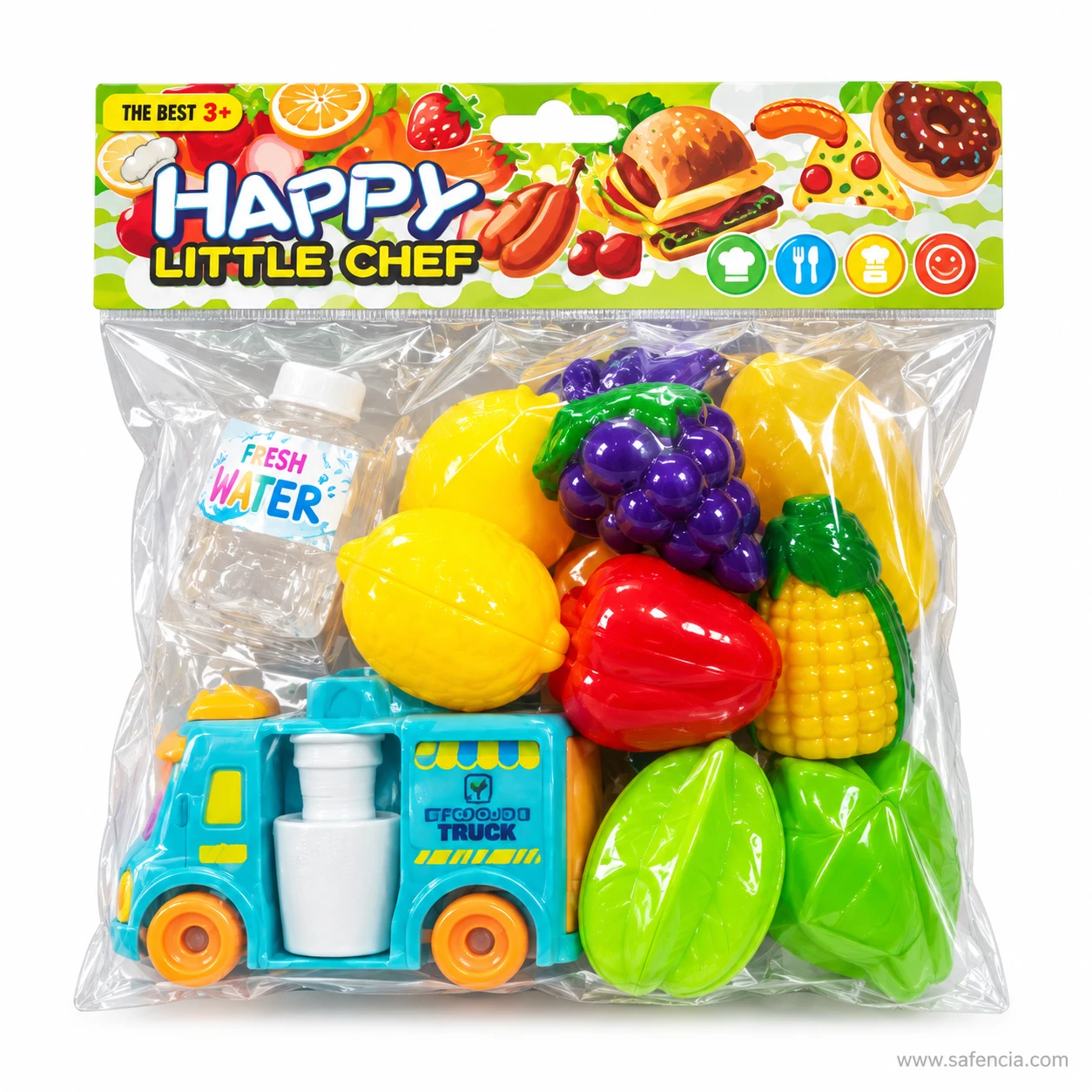Front of the Happy Little Chef food truck cutting set bag with the blue truck, water bottle and play fruit inside