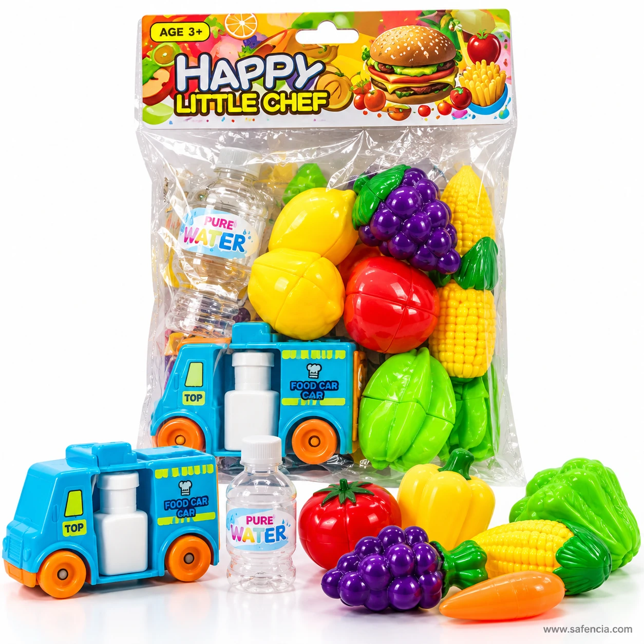 Blue toy food truck parked beside a water bottle, tomato, grapes, corn, yellow pepper and carrot from the cutting set