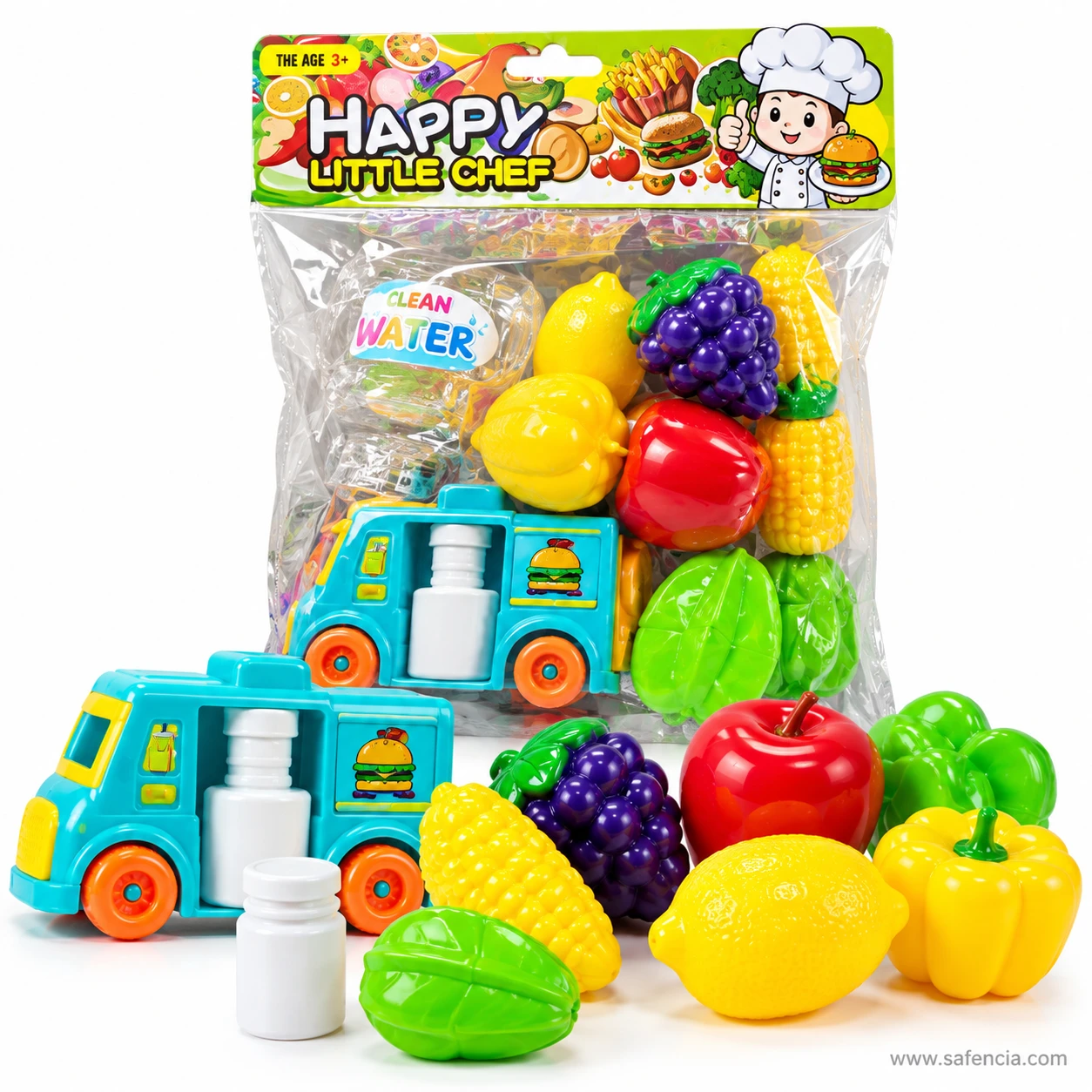 Side view of the blue toy food truck with orange wheels beside corn, grapes, lemon and peppers from the set