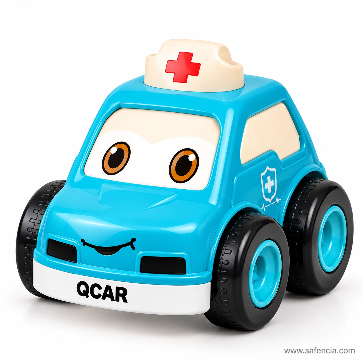 Blue ambulance friction toy car with brown cartoon eyes and a white roof light printed with a red cross