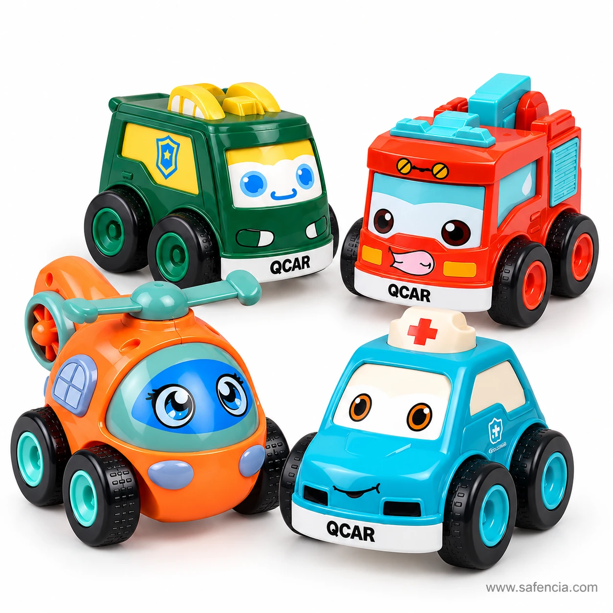 Green police van, red fire truck, orange helicopter and blue ambulance friction toy cars out of the pack together
