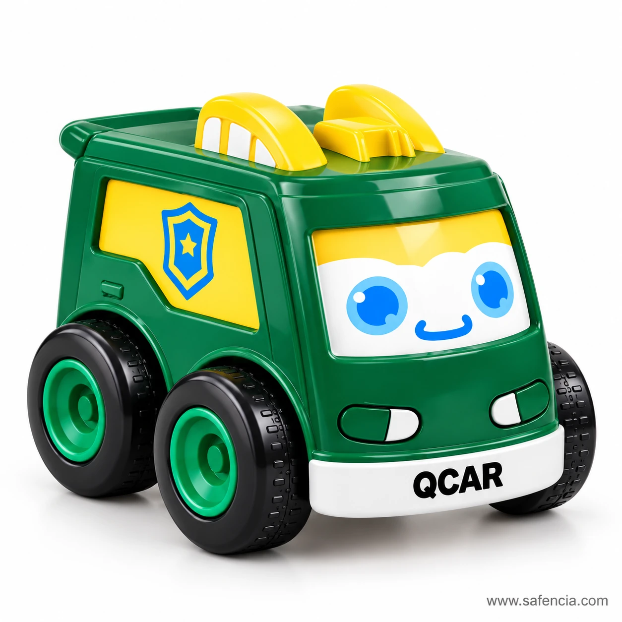 Green police van friction toy with a blue star shield on its side, a yellow light bar on top and blue cartoon eyes