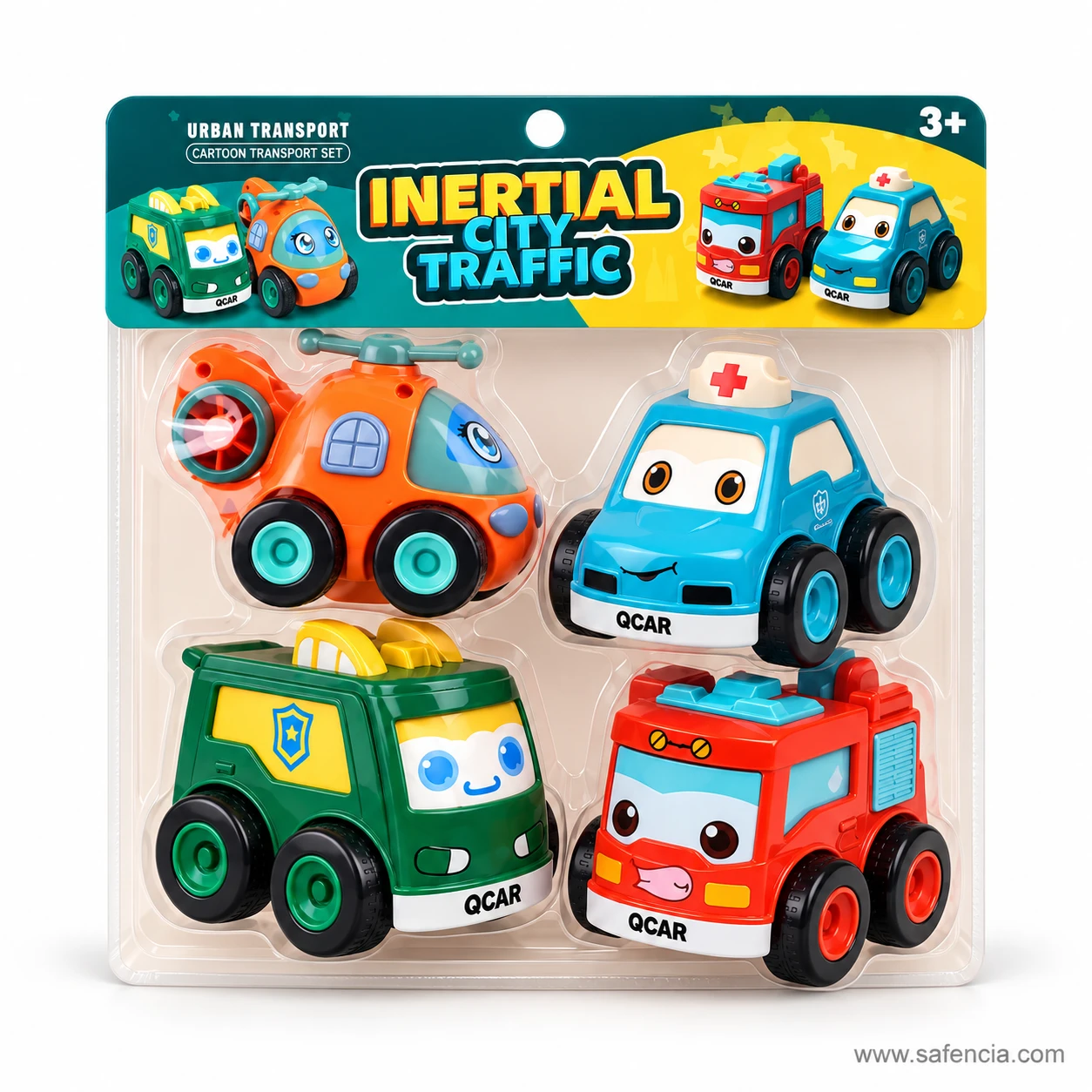 Inertial City Traffic blister card marked 3+ holding an orange helicopter, blue ambulance, green police van and red fire truck