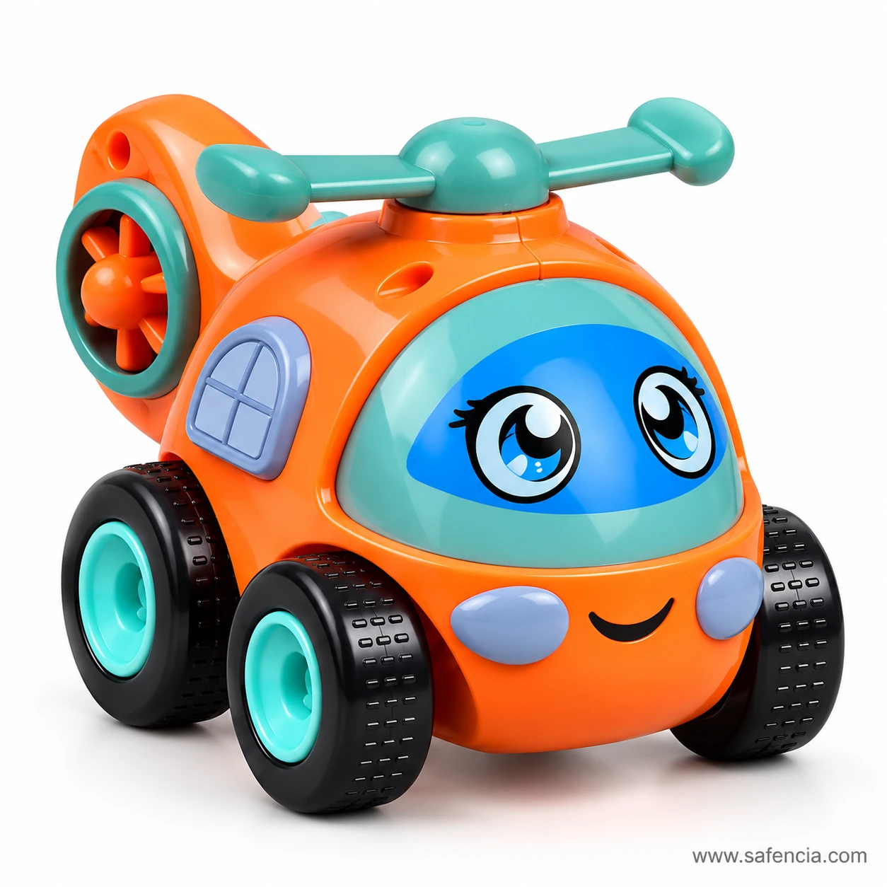 Orange toy helicopter on four wheels with a top rotor, tail fan, blue cartoon eyes and a smiling face