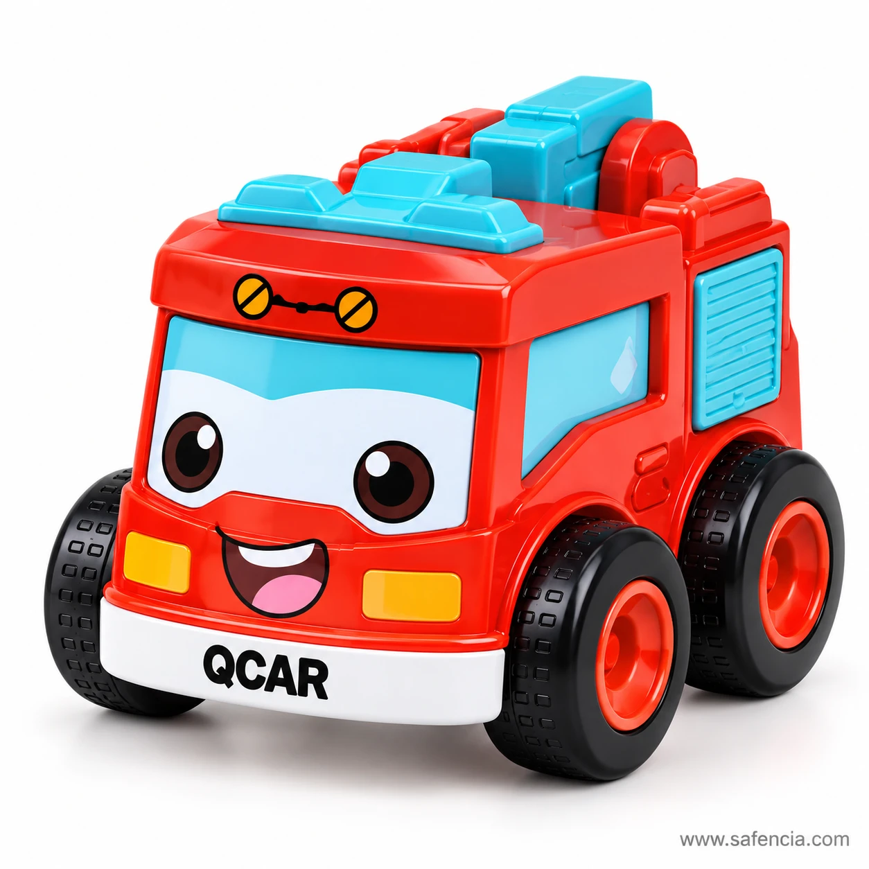 Red fire truck friction toy car with a smiling cartoon face, a blue ladder on its roof and QCAR on the bumper