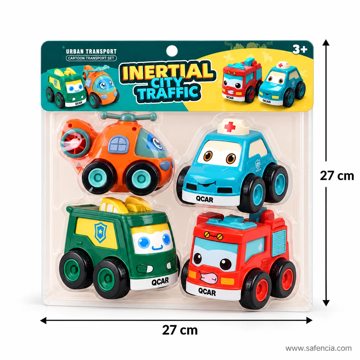 Inertial City Traffic toy cars card measured at 27 cm tall and 27 cm wide with the four vehicles inside