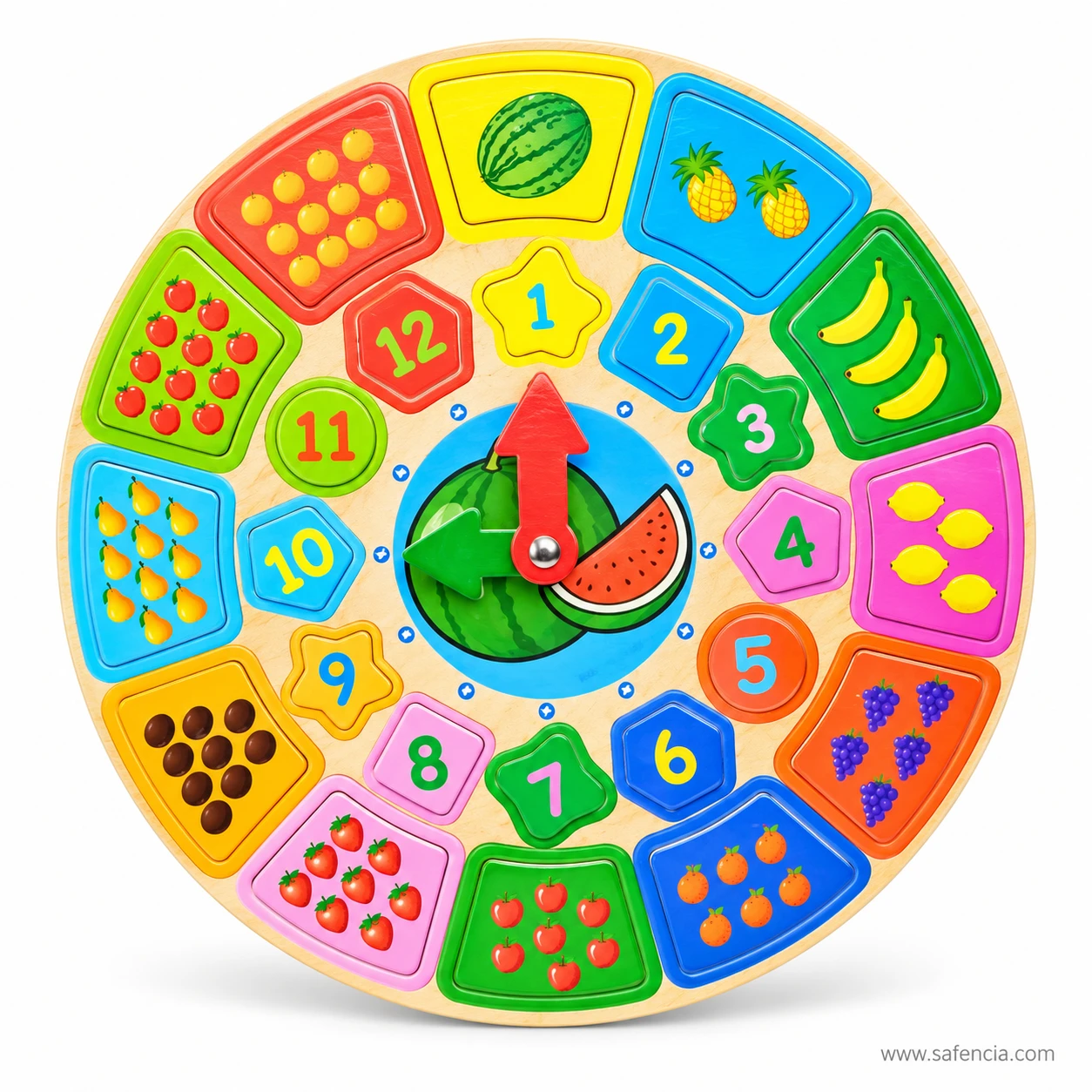 Front view of the wooden fruit counting clock showing the red hour hand and green minute hand
