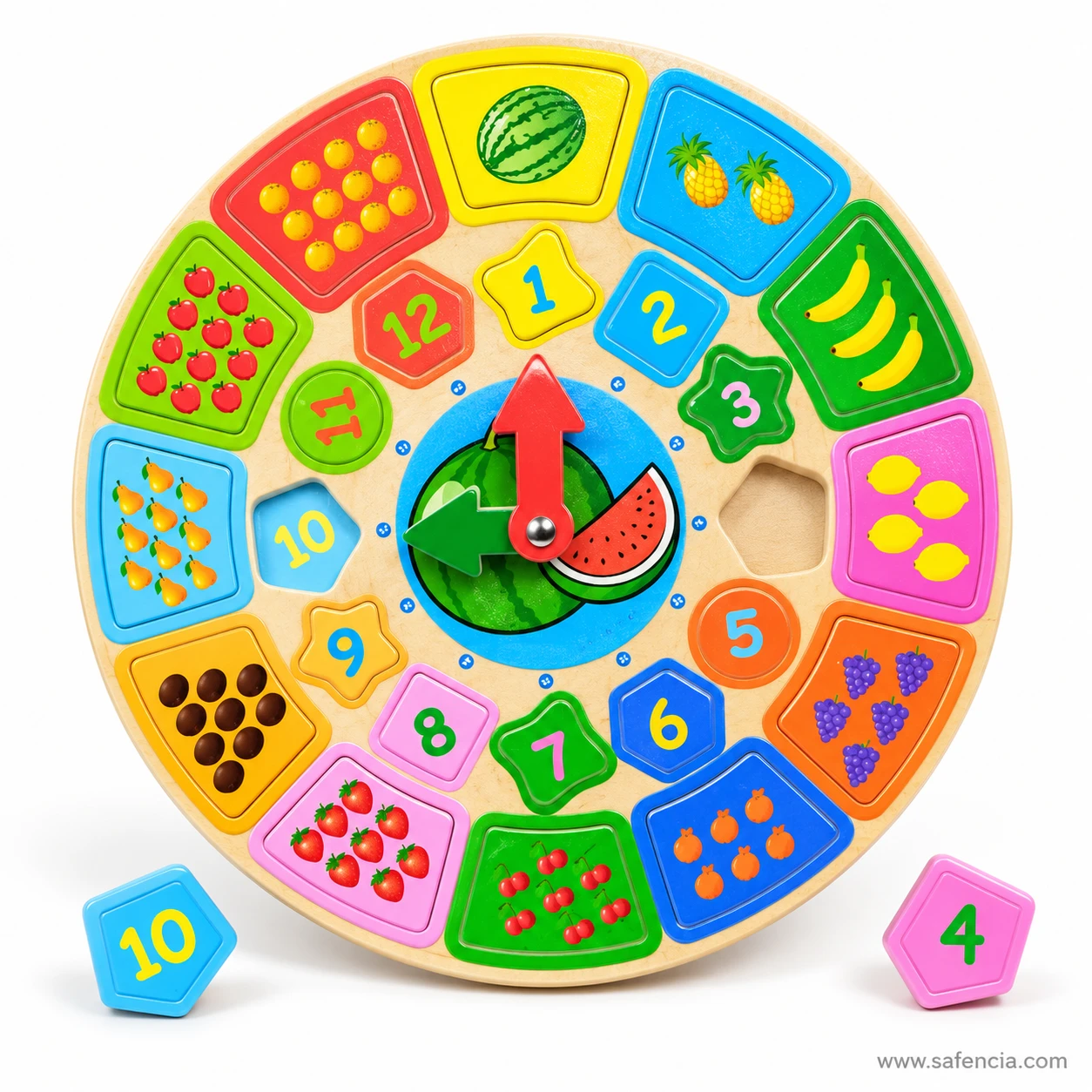 Wooden learning clock with the 10 and 4 number pieces lifted out beside the board