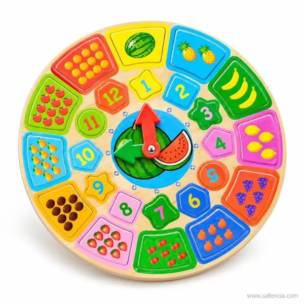 Fruit Counting Wooden Learning Clock (12 Shape Numbers, Fruit Tiles and Moving Hands)
