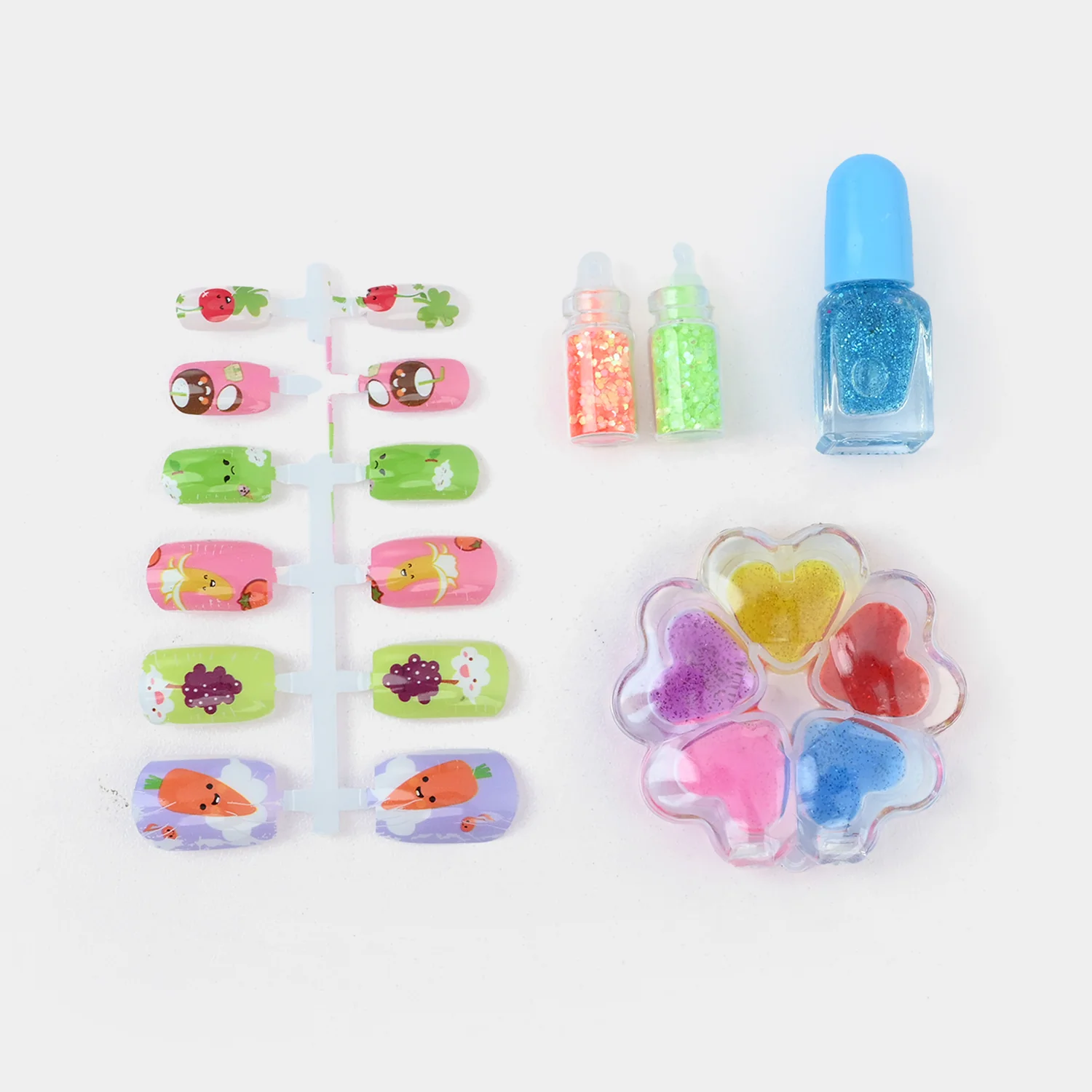 Fruit Friends Press-On Nail Set open view - press-on nails, heart glitter palette, glitter pots and nail polish