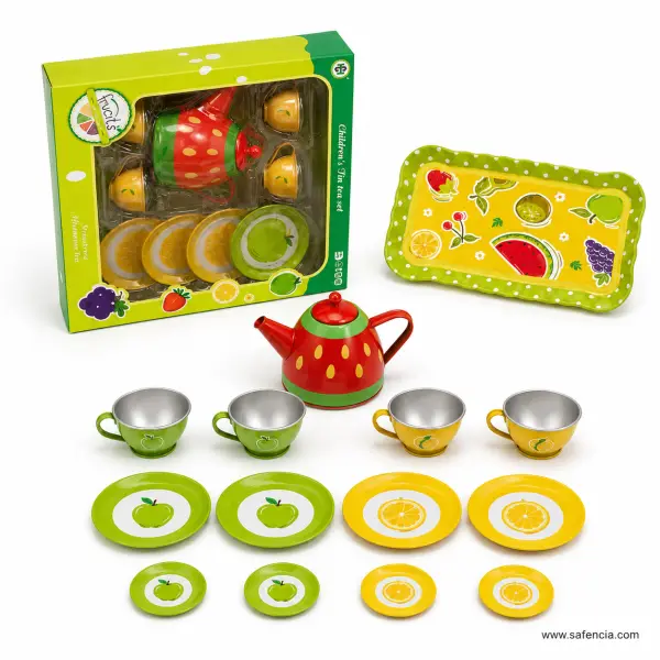 Fruit Tin Tea Set for Kids — 14 Piece Metal Tea Party Set with Tray