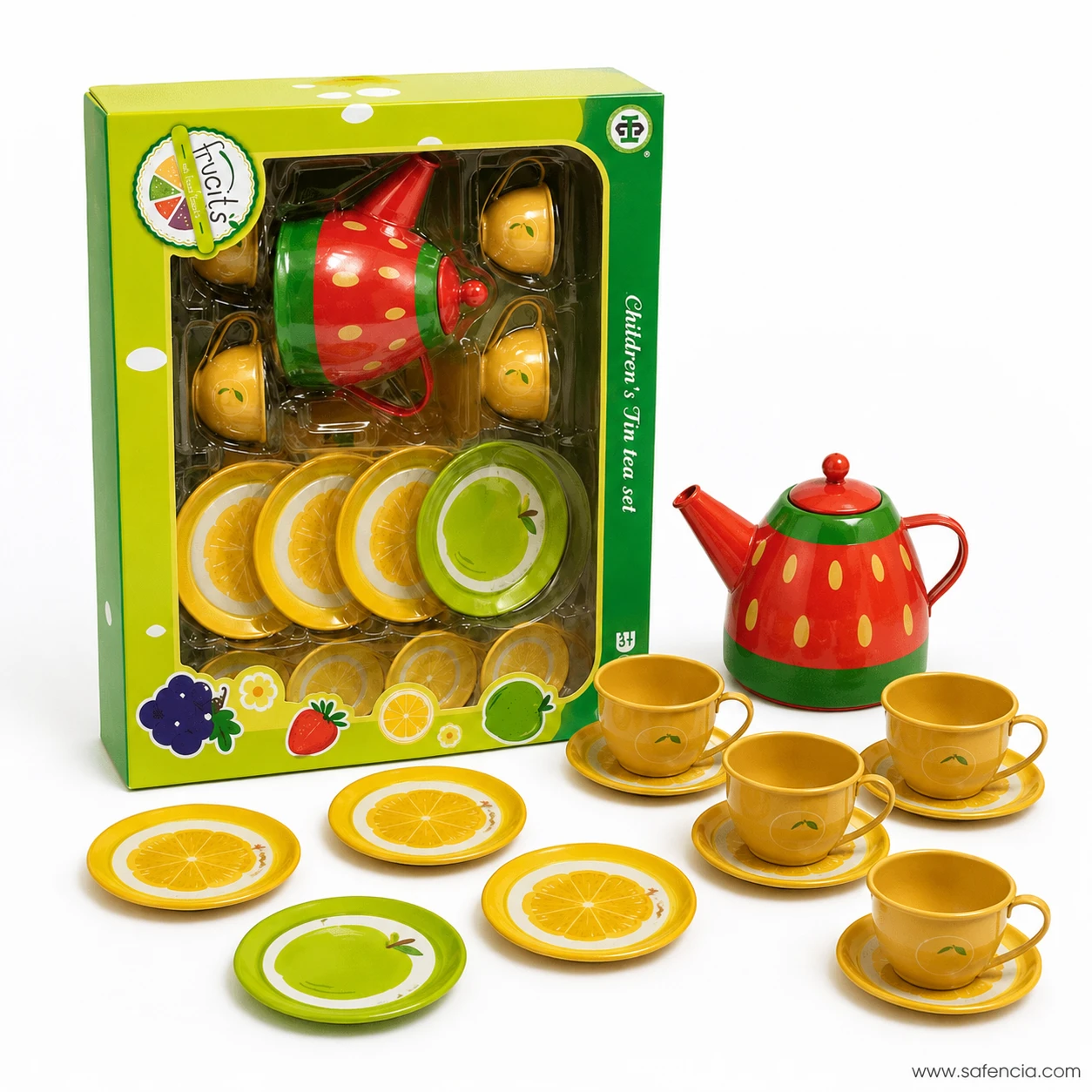 Fruit tin tea set pack with lemon yellow cups and saucers, lemon plates and the watermelon teapot beside the box
