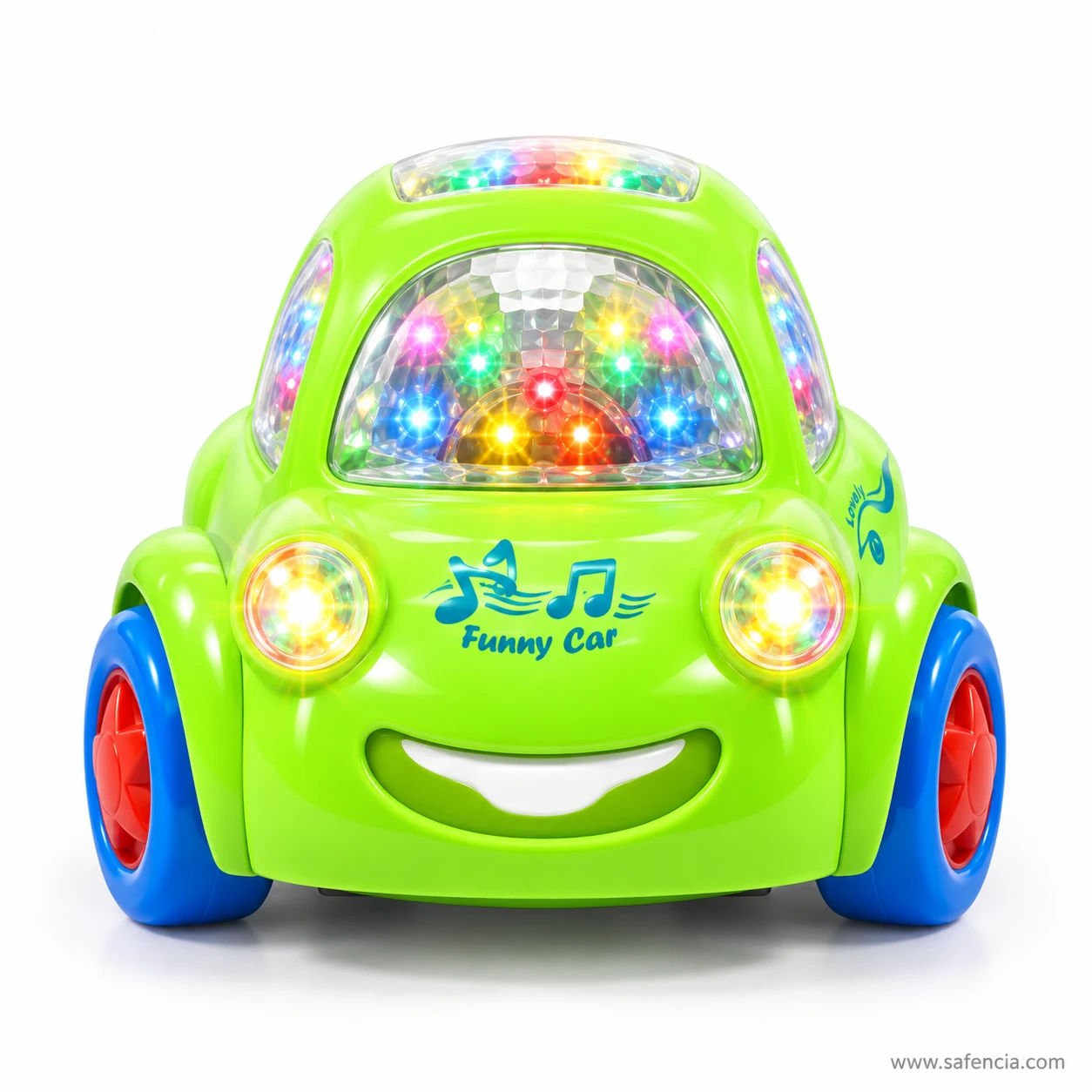 Front view of the Funny Car musical toy with glowing headlights and printed Funny Car logo