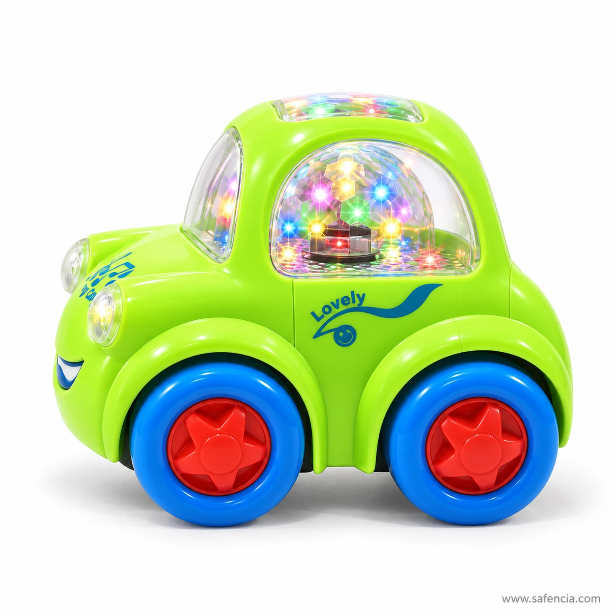 Side view of the Funny Car musical toy showing the spinning light cluster inside the cabin