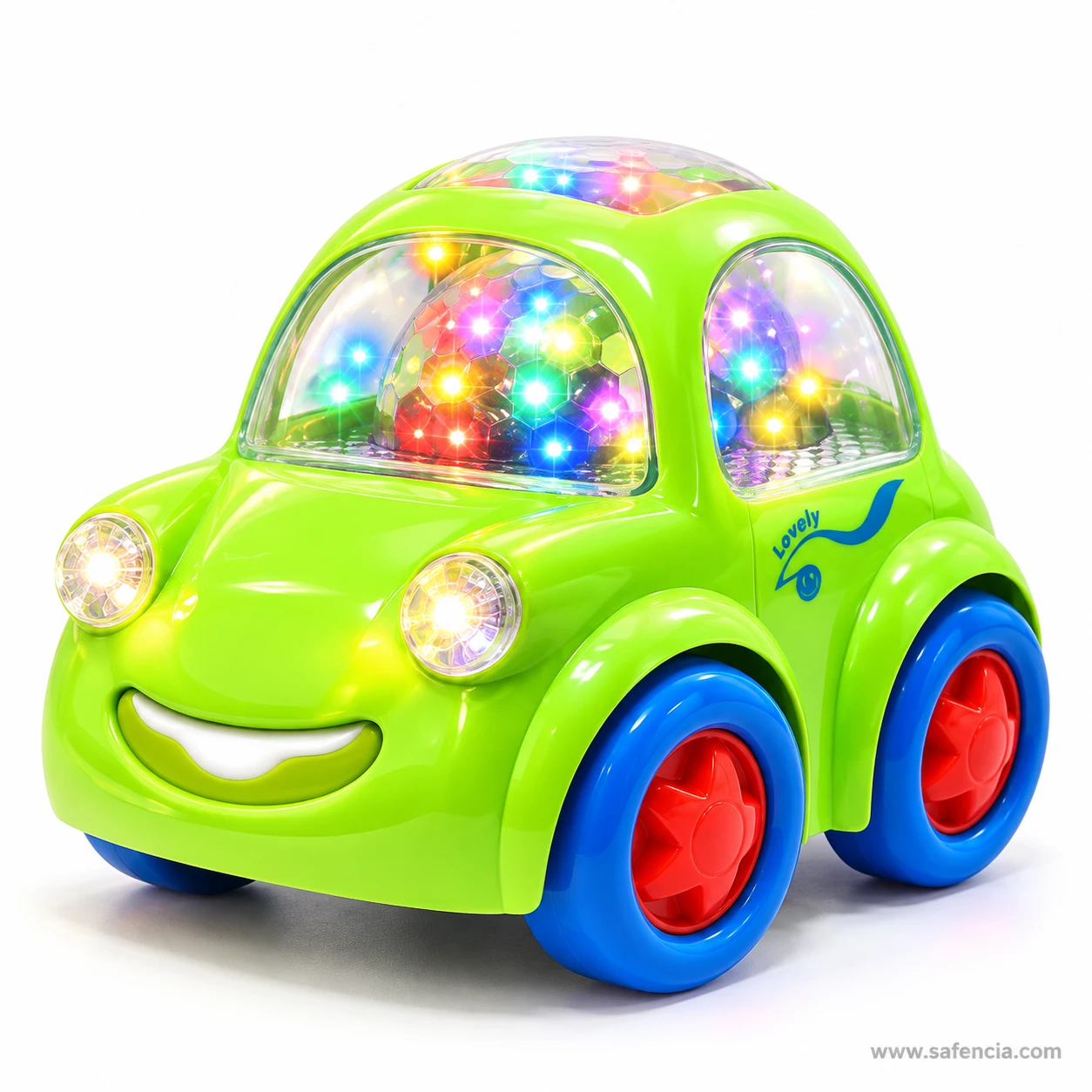 Angled view of the green Funny Car musical toy with rainbow lights in the windscreen