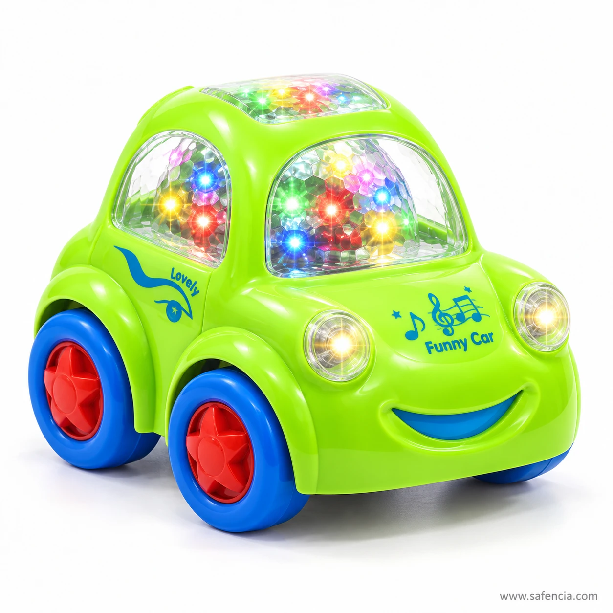 Lime green Funny Car musical toy car side showing the Lovely print and blue wheels