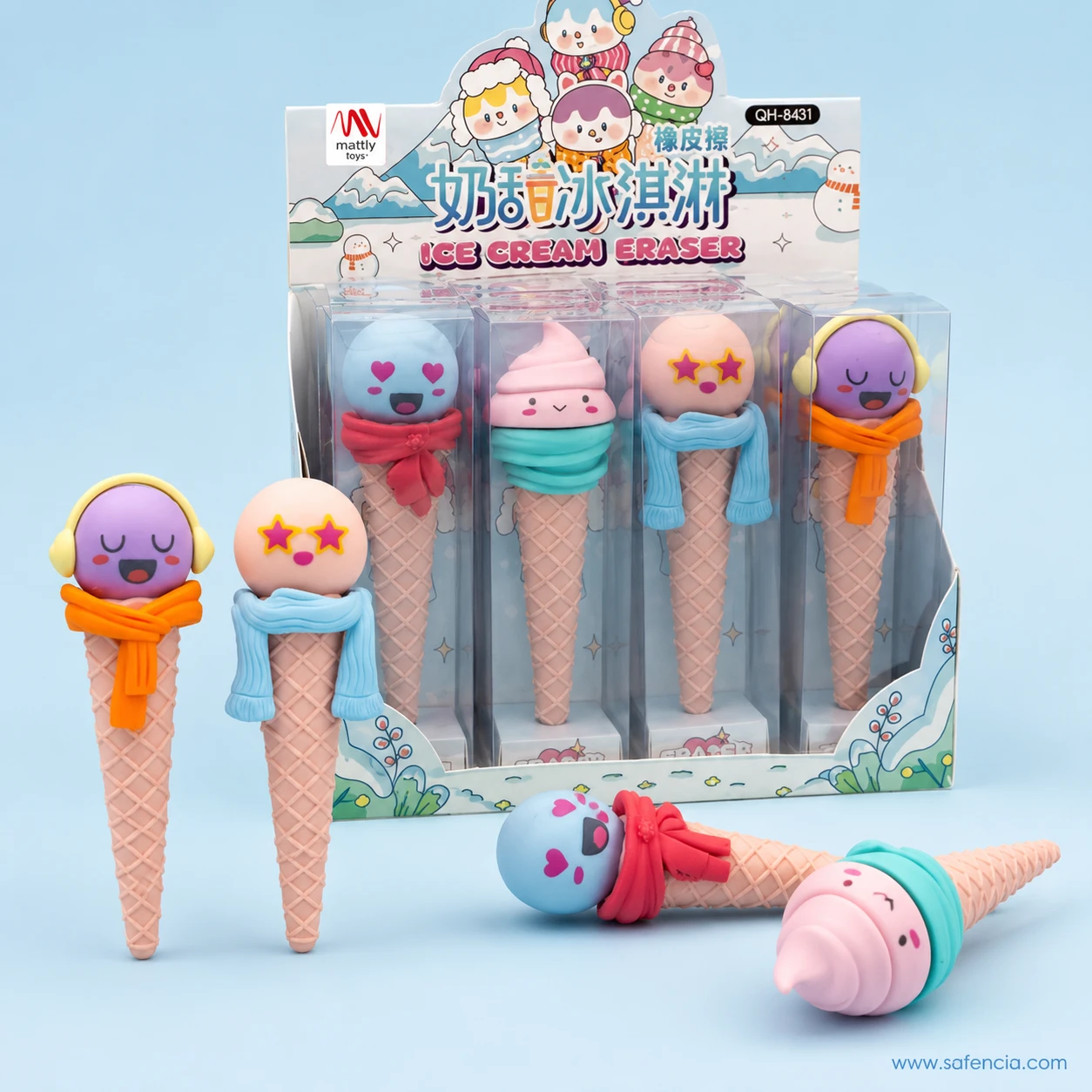 mattly toys ICE CREAM ERASER counter display box QH-8431 holding cone erasers in clear cases with two loose cones in front