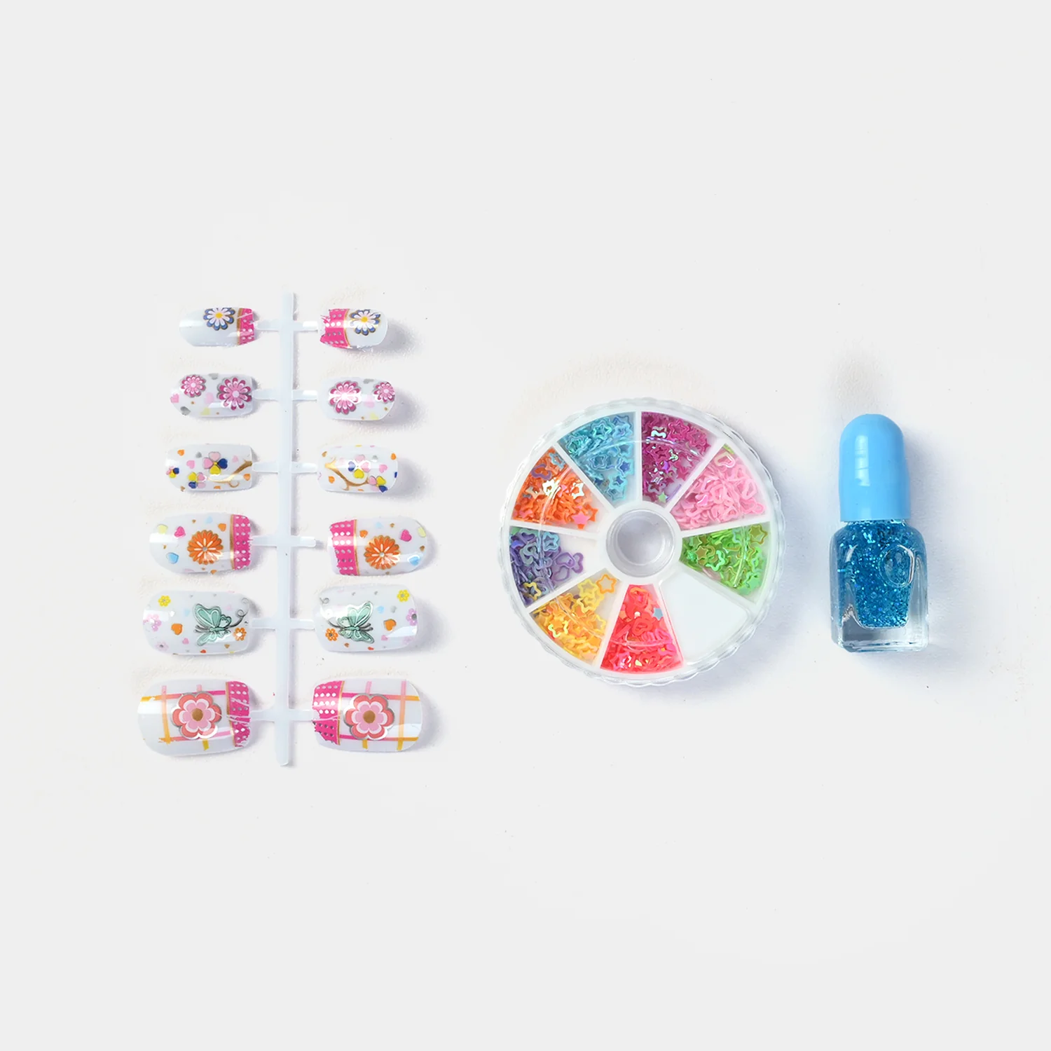 Garden Nail Art Wheel Set open view - press-on nails, decoration wheel and glitter nail polish