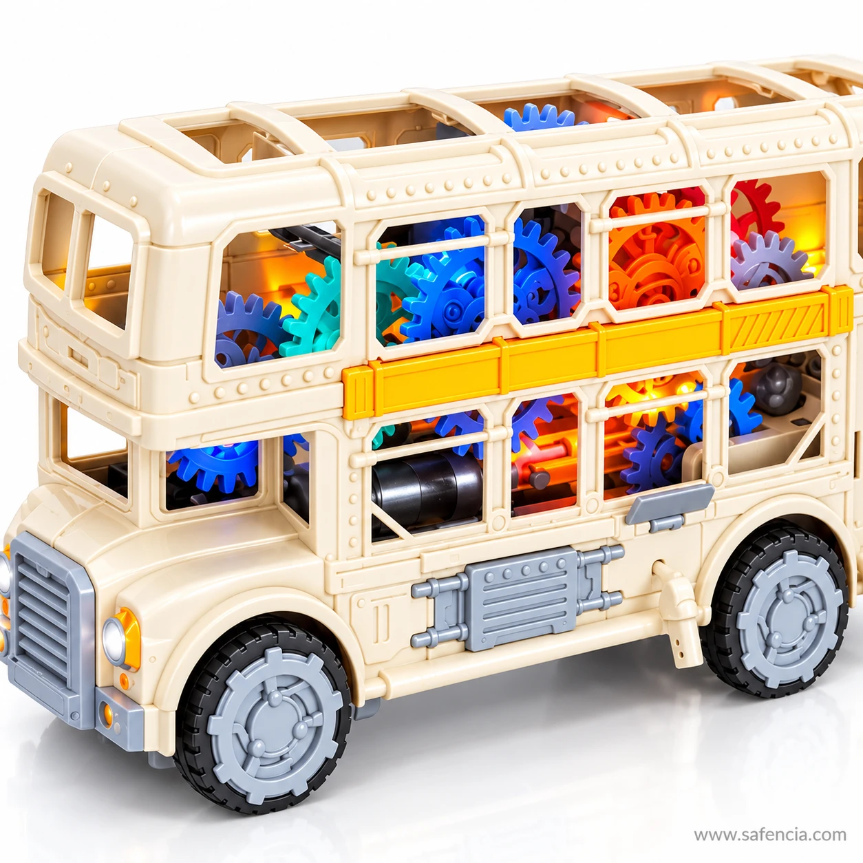 Close front three-quarter view of the gear bus toy showing the grey grille, round headlamps and gears in the cab windows