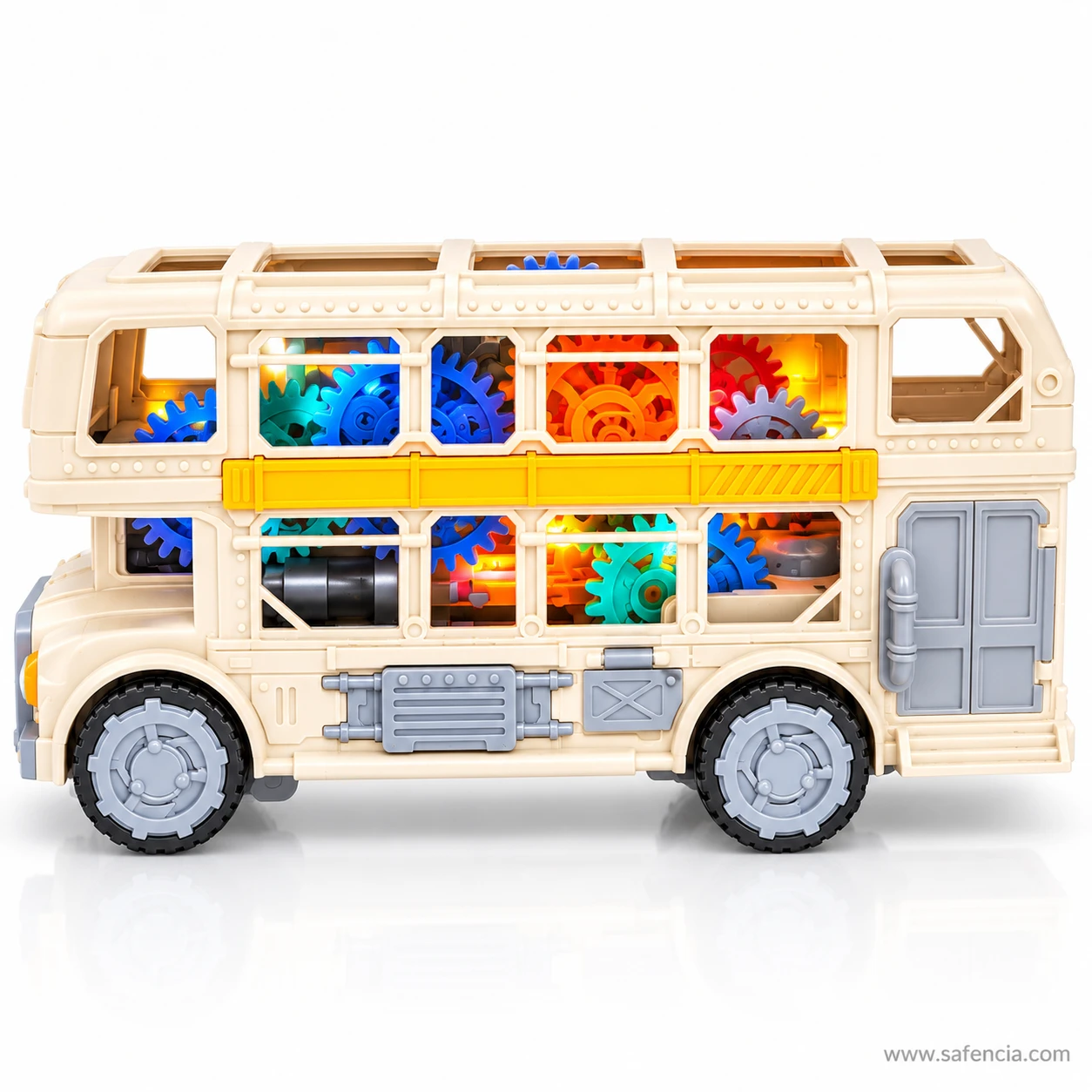 Cream gear bus toy side view with the grey side door closed, the yellow band and the lit gears on both decks