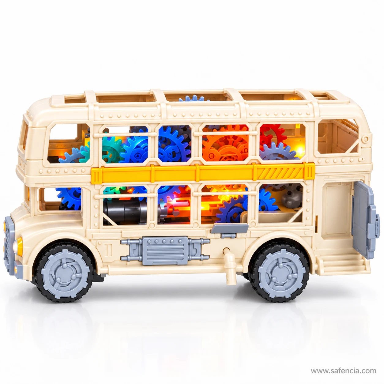 Side view of the cream double decker gear bus showing blue, teal, orange and red gears behind both rows of windows