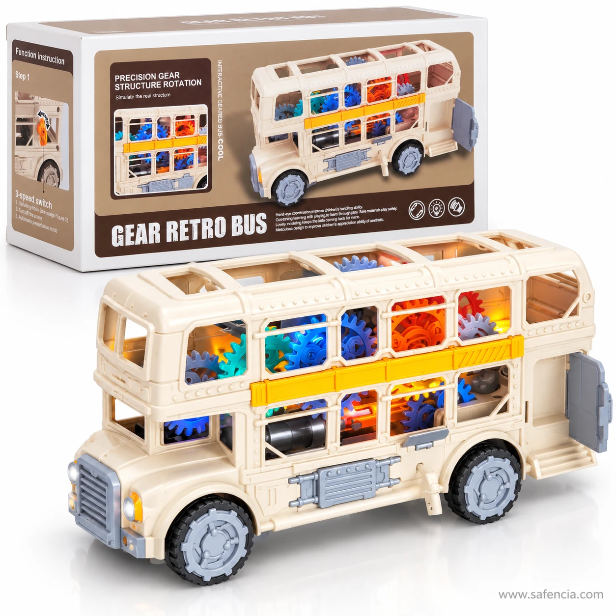 Gear Retro Bus toy in front of its box printed Precision Gear Structure Rotation with a three-speed switch panel