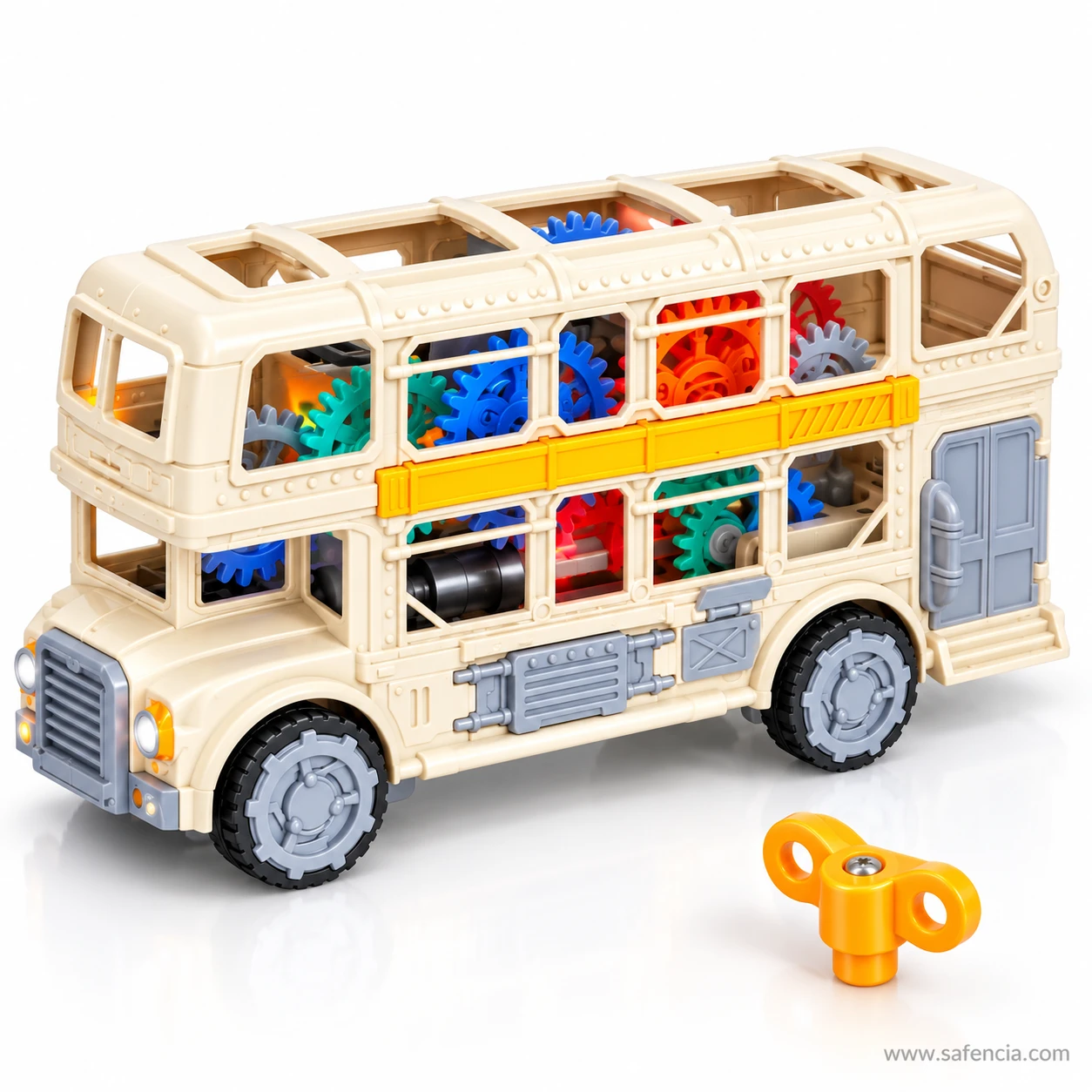 Cream gear bus toy shown with its orange butterfly key, which fits the side of the bus to change the mode
