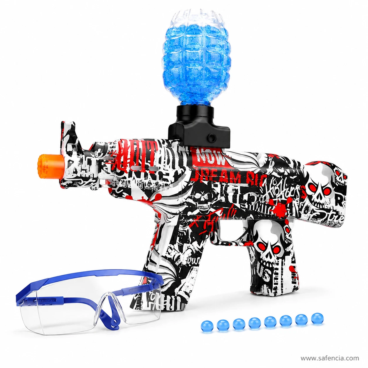 Gel ball blaster showing the transparent top hopper filled with blue gel balls beside loose beads and goggles