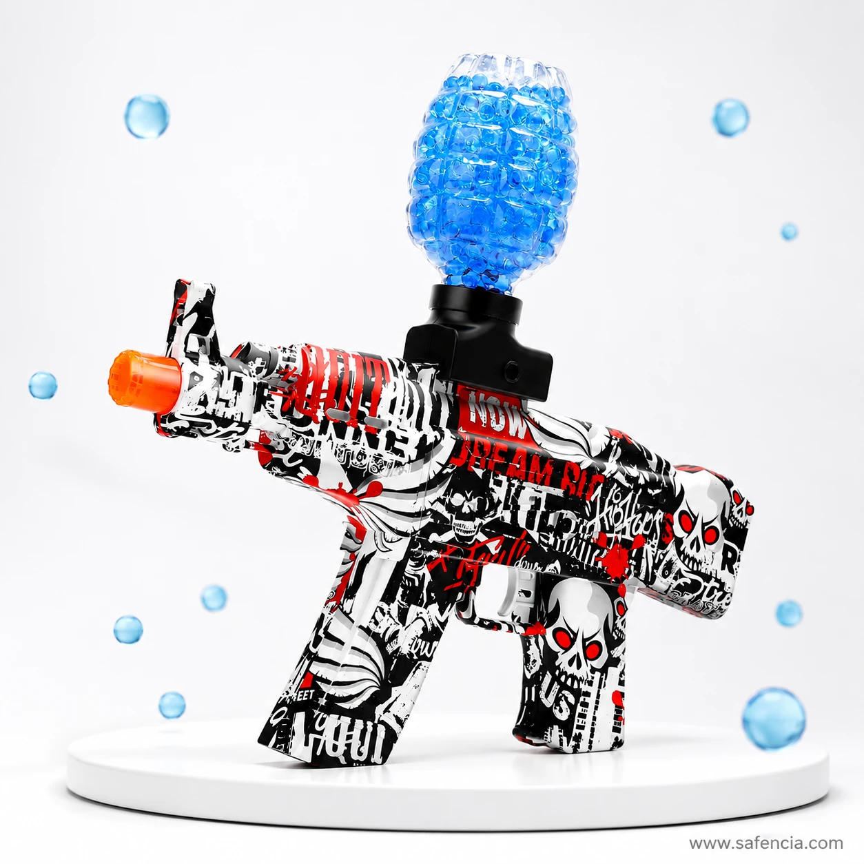 Side profile of the graffiti gel ball blaster showing the fixed stock, foregrip and orange muzzle tip