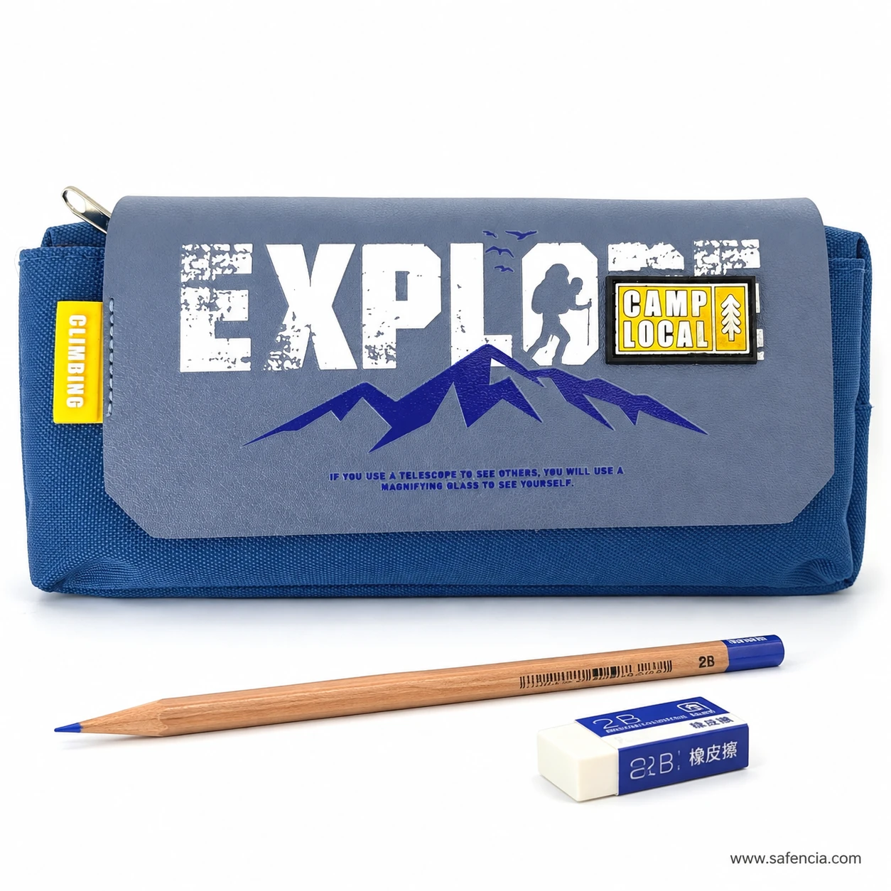Explore flap pencil pouch photographed beside a pencil and rubber for scale