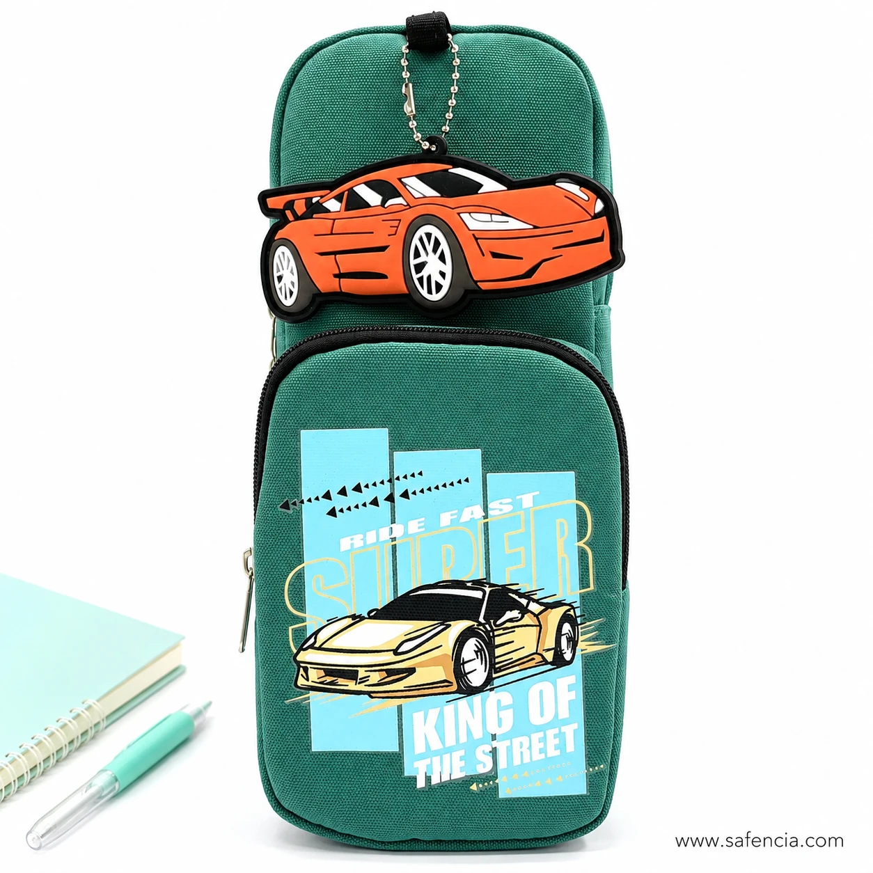 Super Car standing pencil case photographed beside a notebook for scale