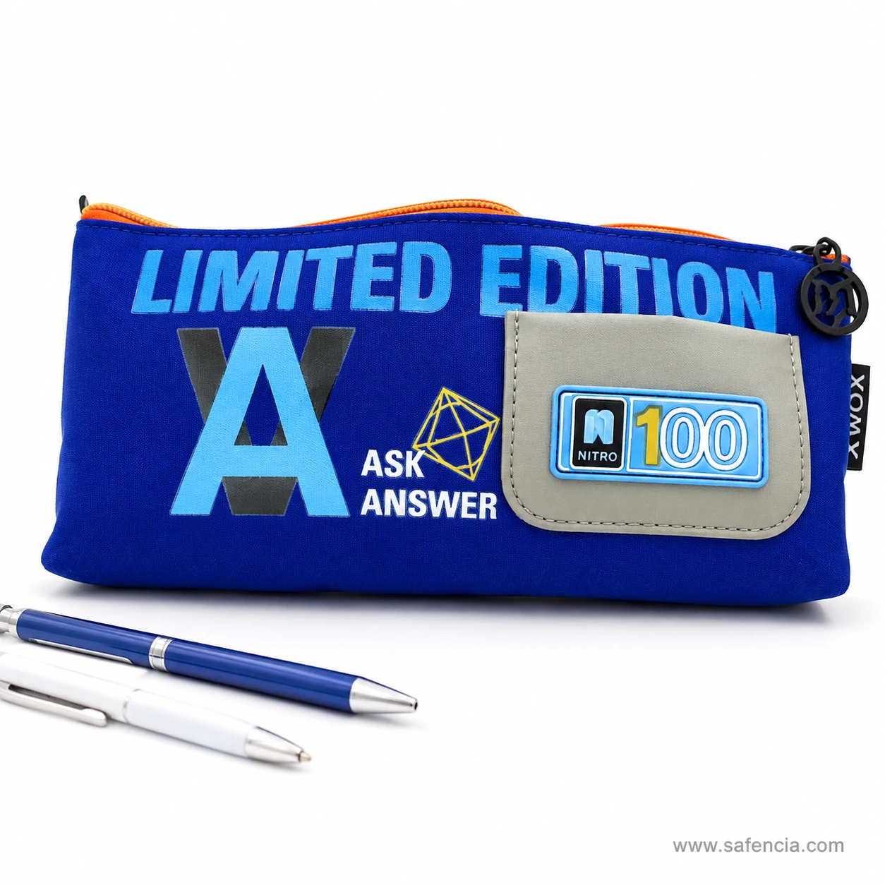 Limited Edition blue pencil pouch shown beside two pens for scale