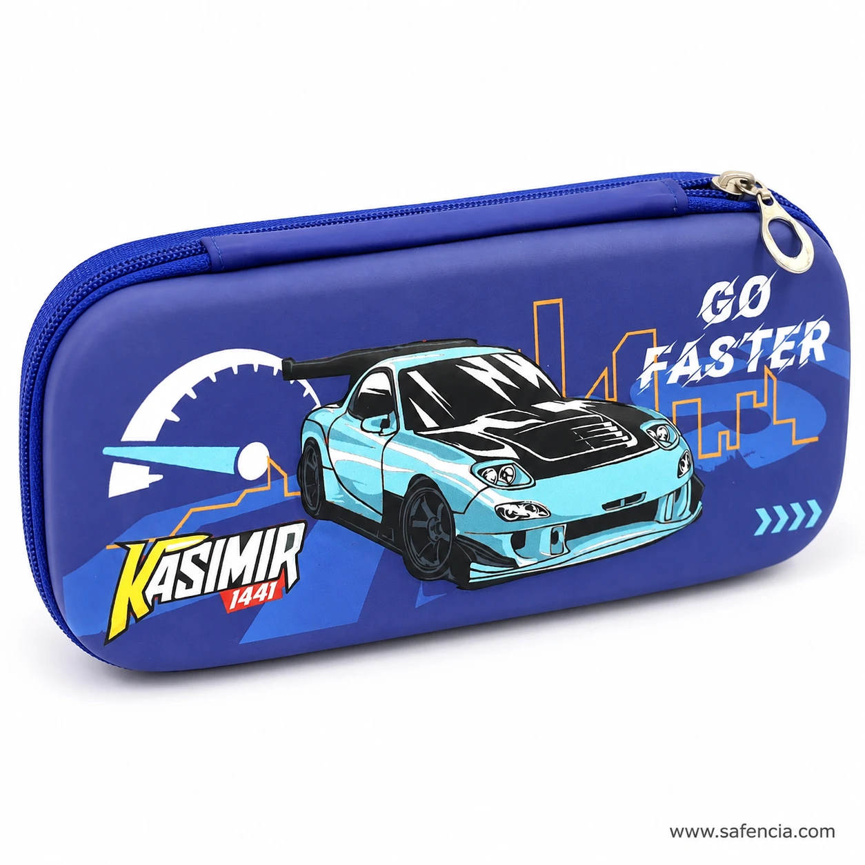 Sports car hard pencil case at an angle showing the metal zip pull