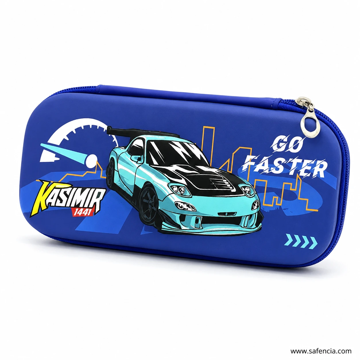 Blue sports car pencil case side profile showing the domed EVA lid