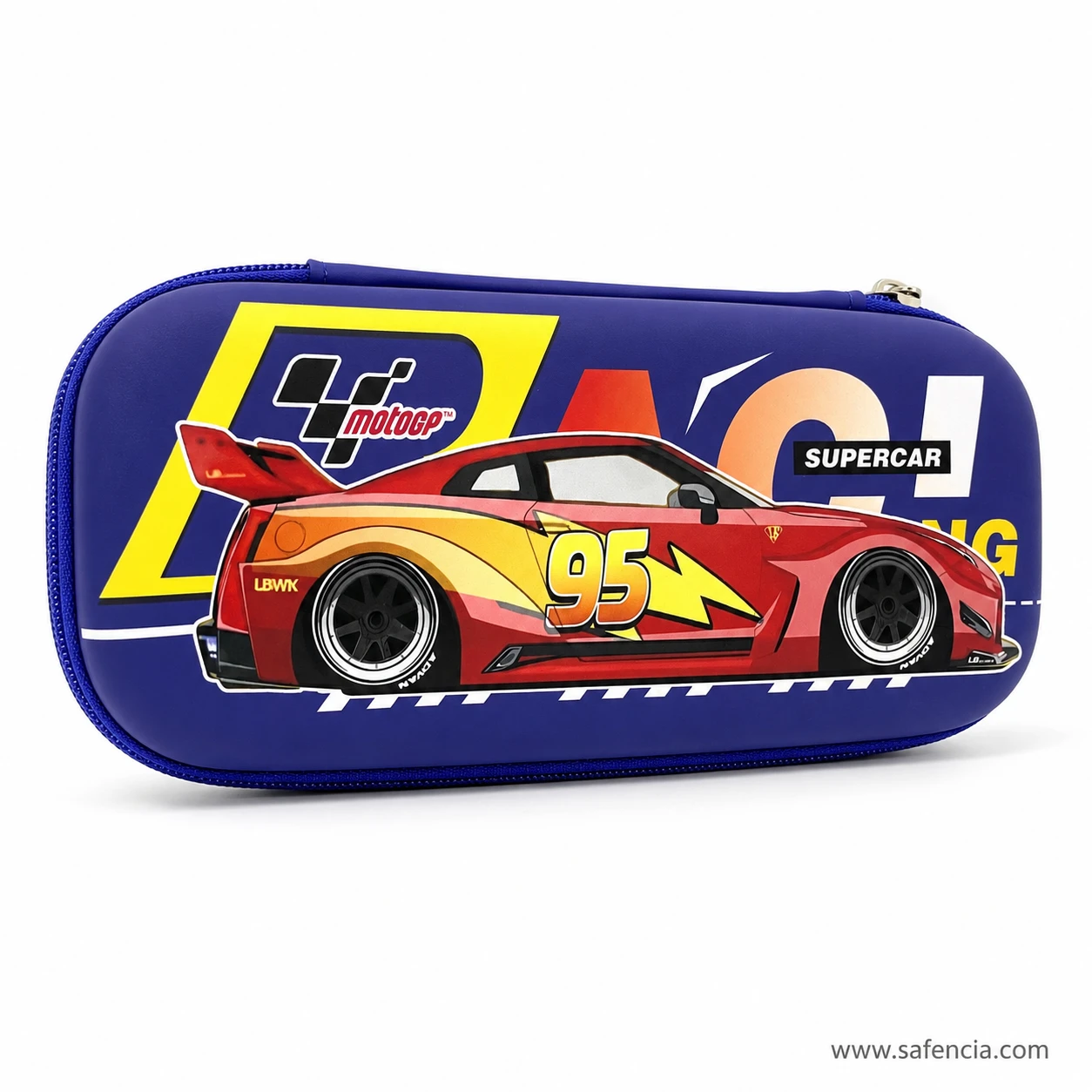 Supercar pencil case at an angle showing the domed EVA lid and zip