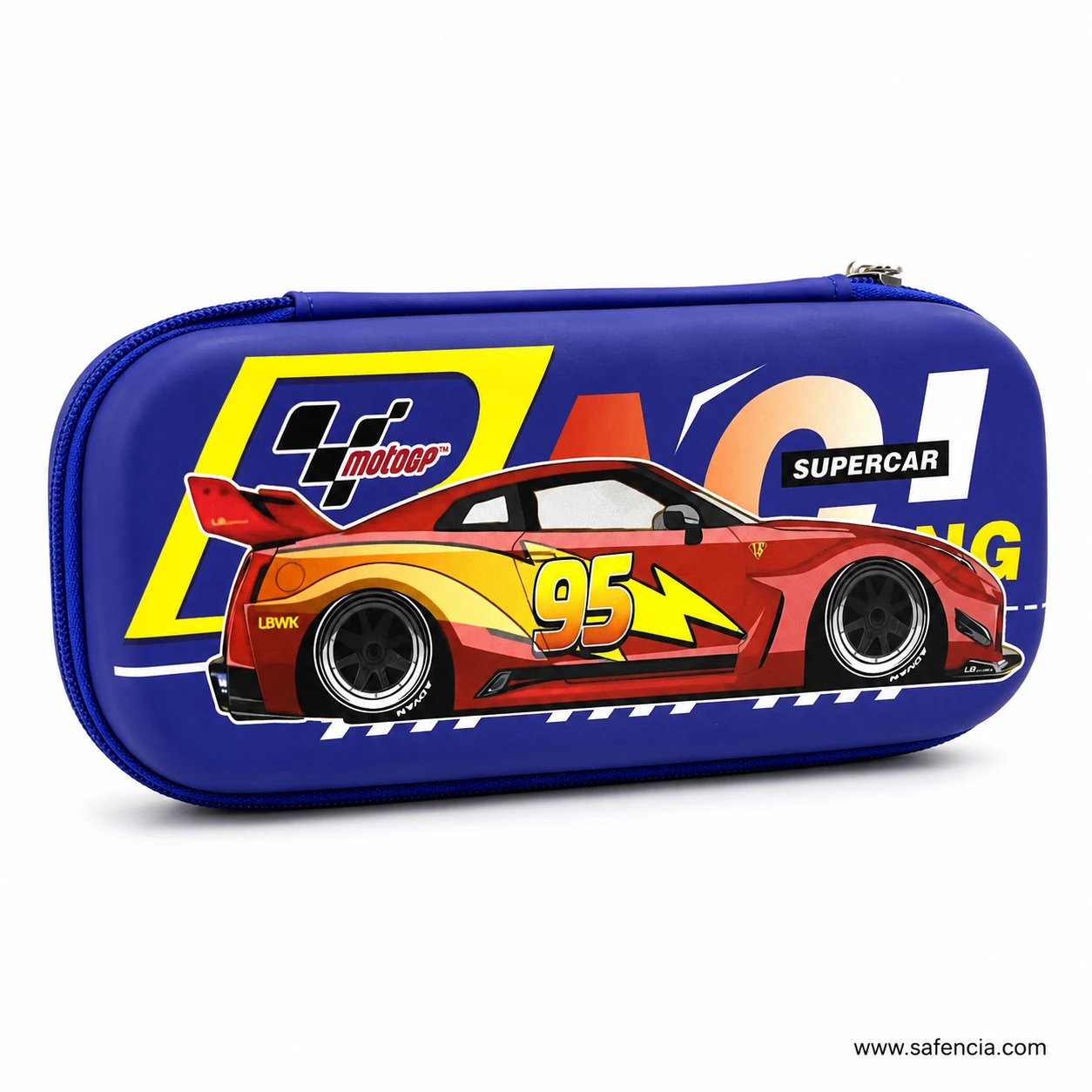 Blue supercar racing pencil case side profile showing the shell depth
