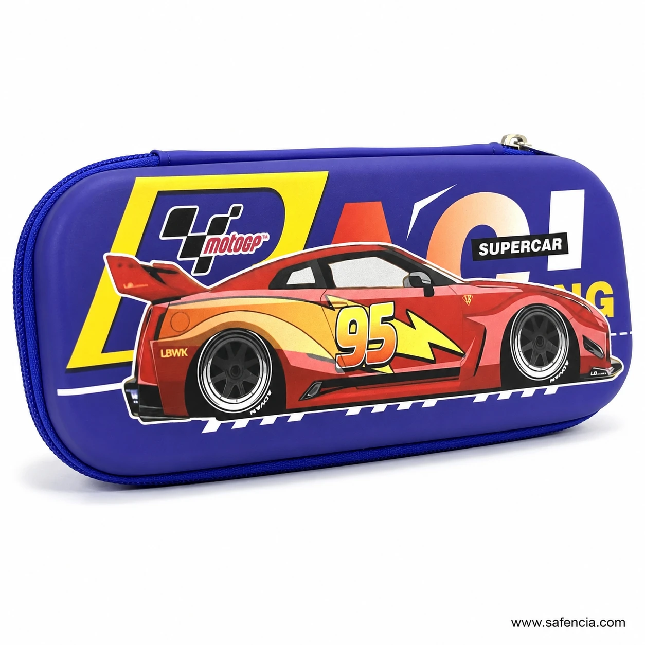 Supercar hard pencil case showing the dashed track line and racing lettering